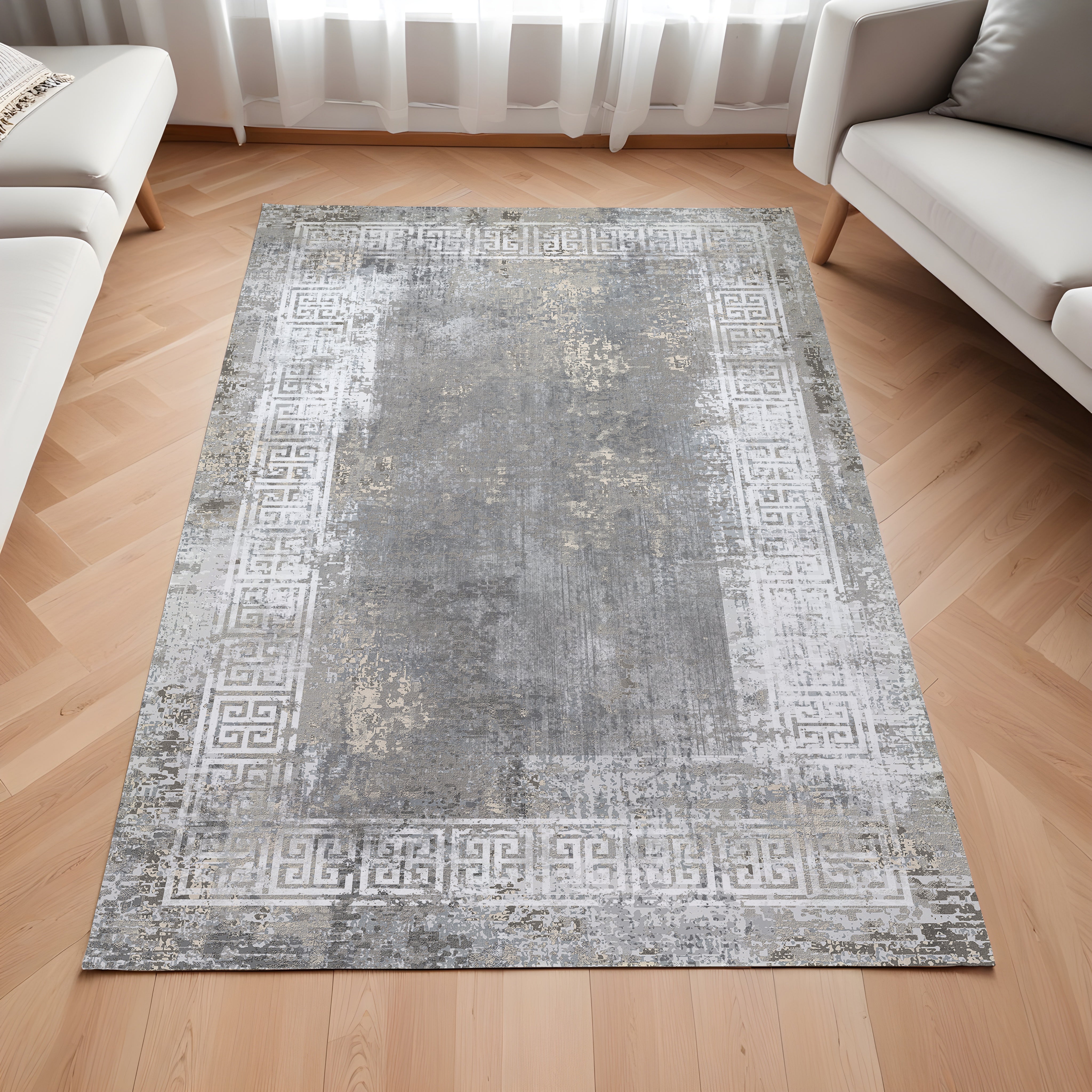 Evmila Gri Bordür Desenli Modern Halı