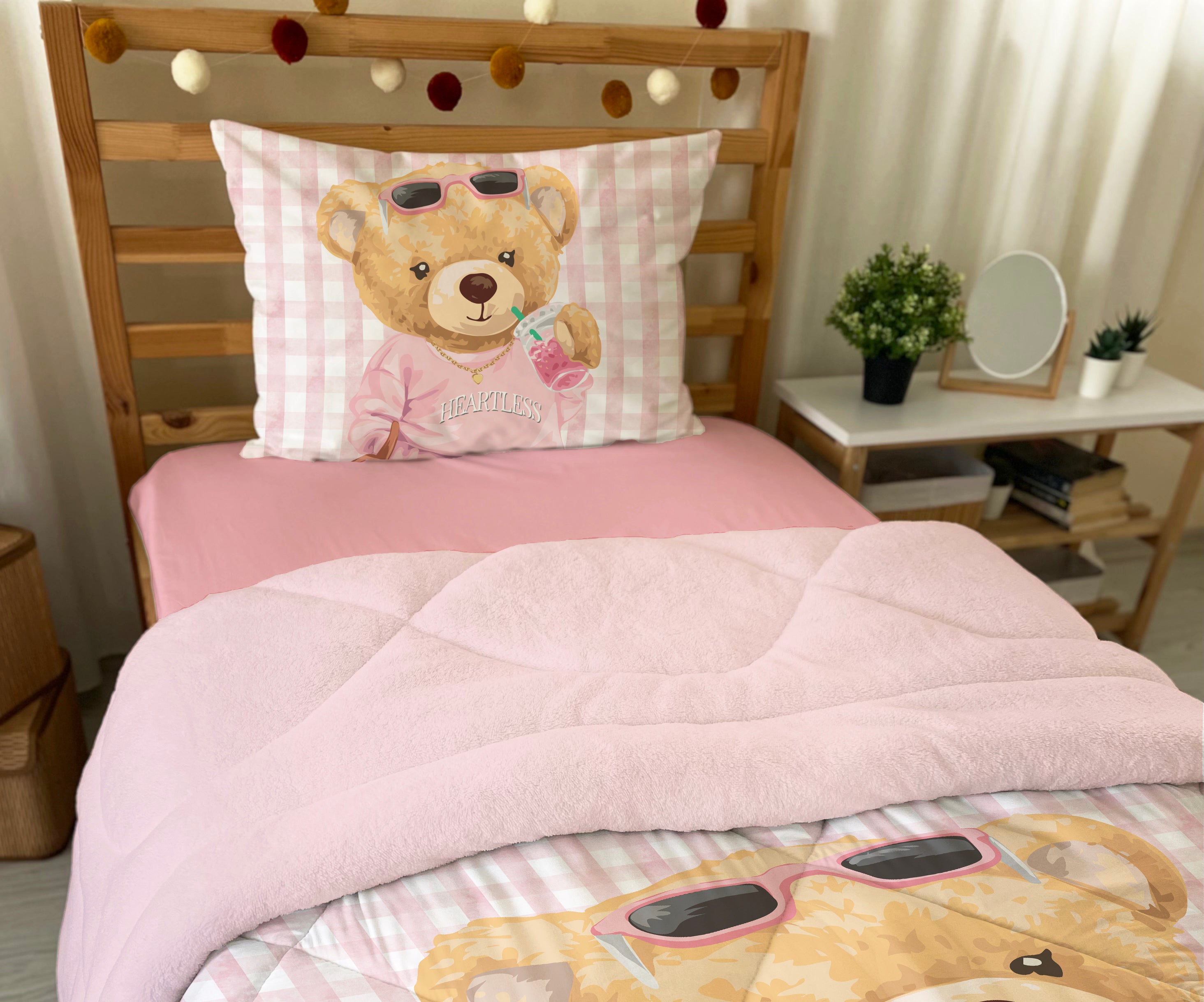 Evmila Ayıcık Desenli Peluş Uyku Seti (Pembe Peluş)