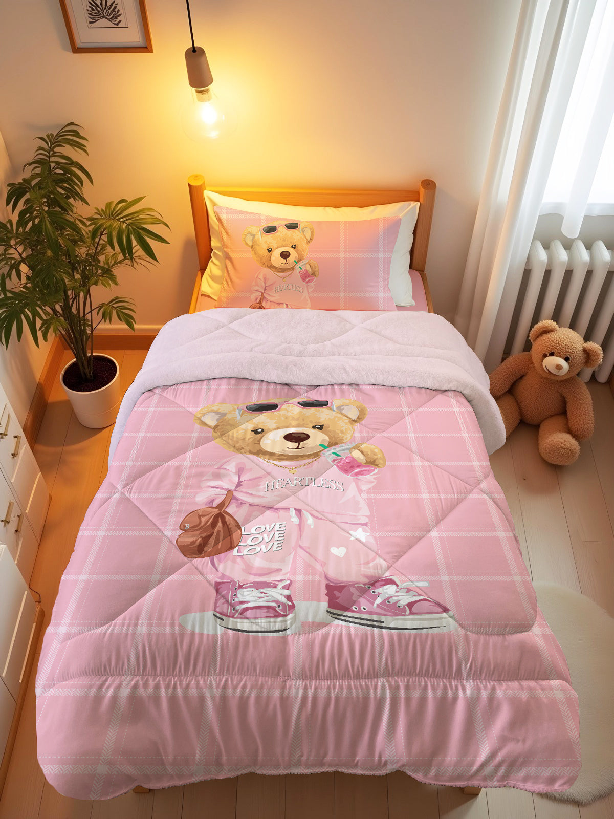 Evmila Ayıcık Desenli Peluş Uyku Seti (Pembe Peluş)