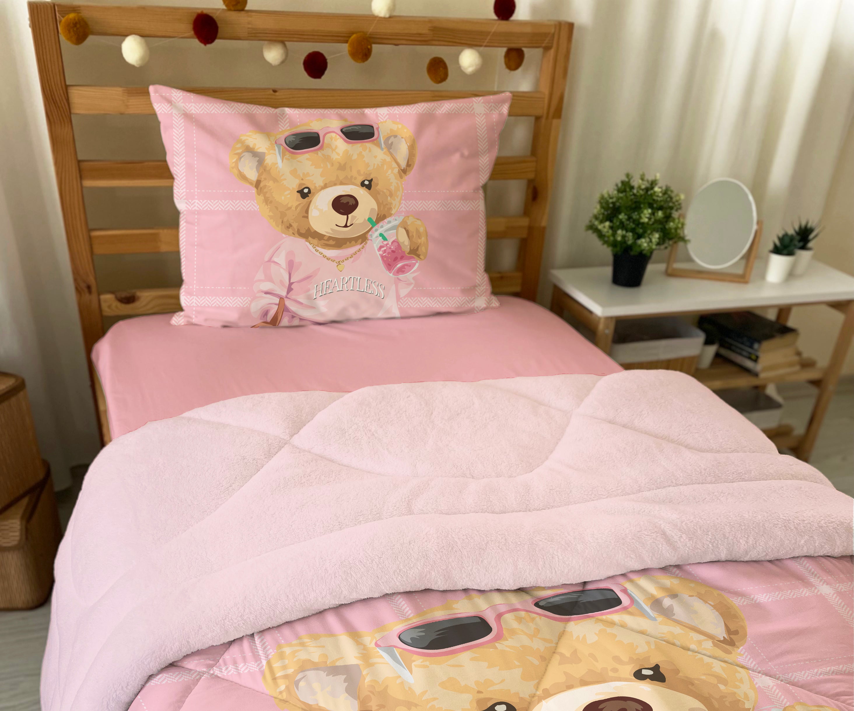 Evmila Ayıcık Desenli Peluş Uyku Seti (Pembe Peluş)