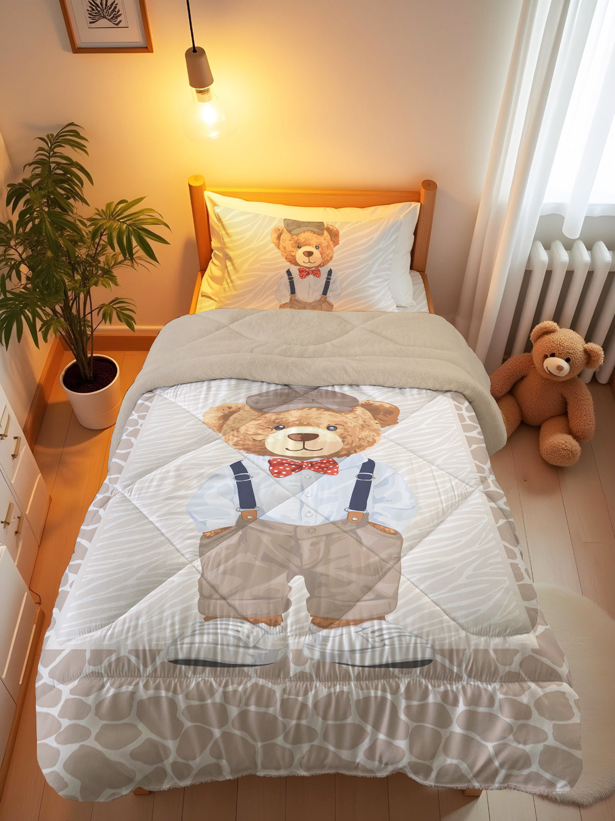 Evmila Ayıcık Desenli Peluş Uyku Seti (Bej Peluş)