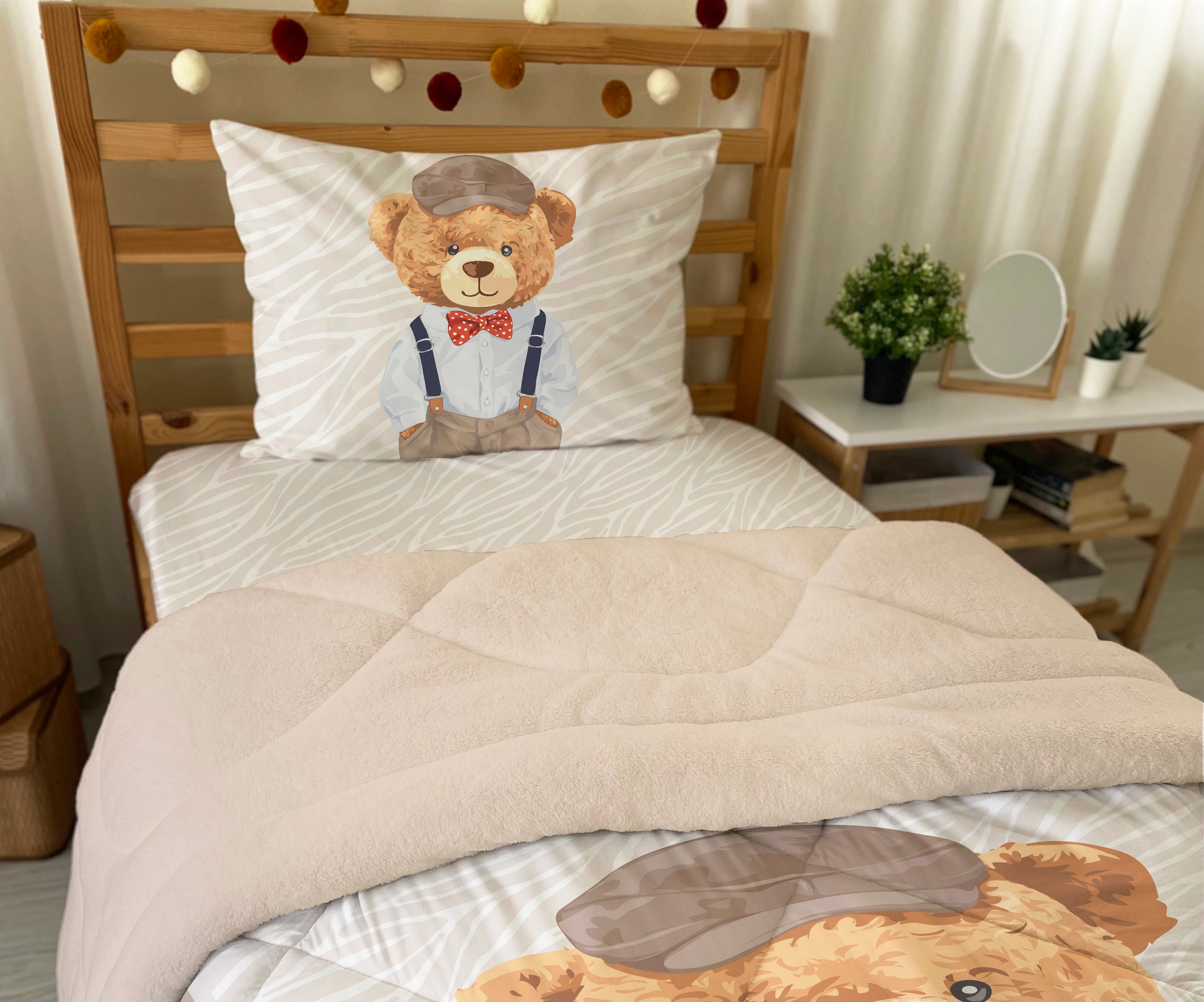 Evmila Ayıcık Desenli Peluş Uyku Seti (Bej Peluş)