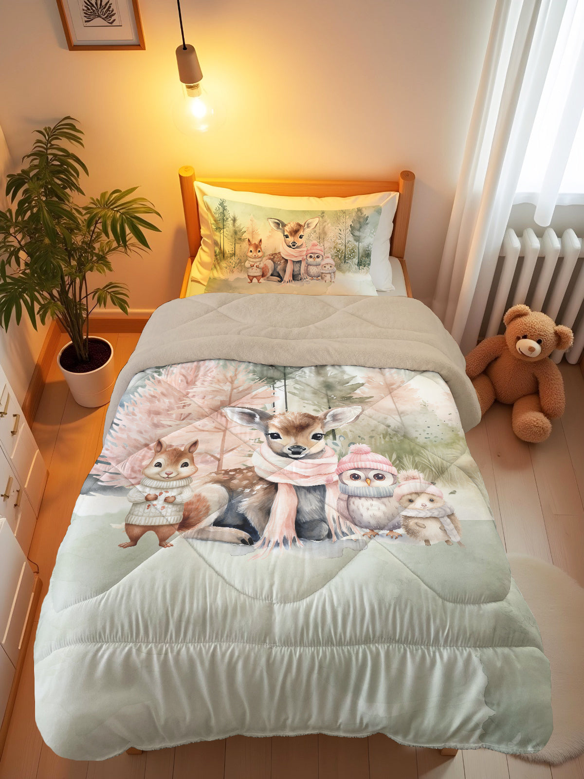 Evmila Sevimli Hayvanlar Desenli Peluş Uyku Seti (Bej Peluş)