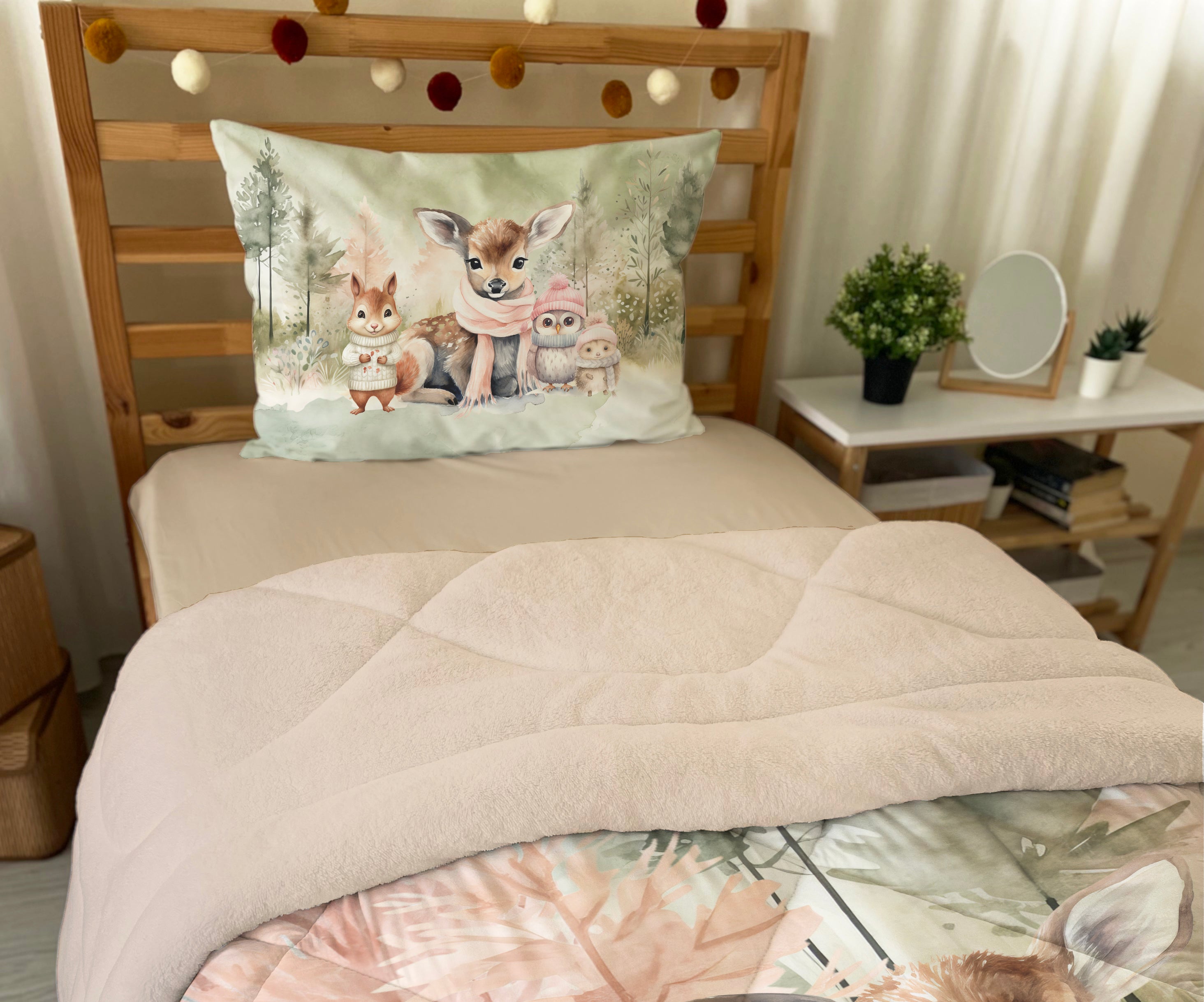 Evmila Sevimli Hayvanlar Desenli Peluş Uyku Seti (Bej Peluş)