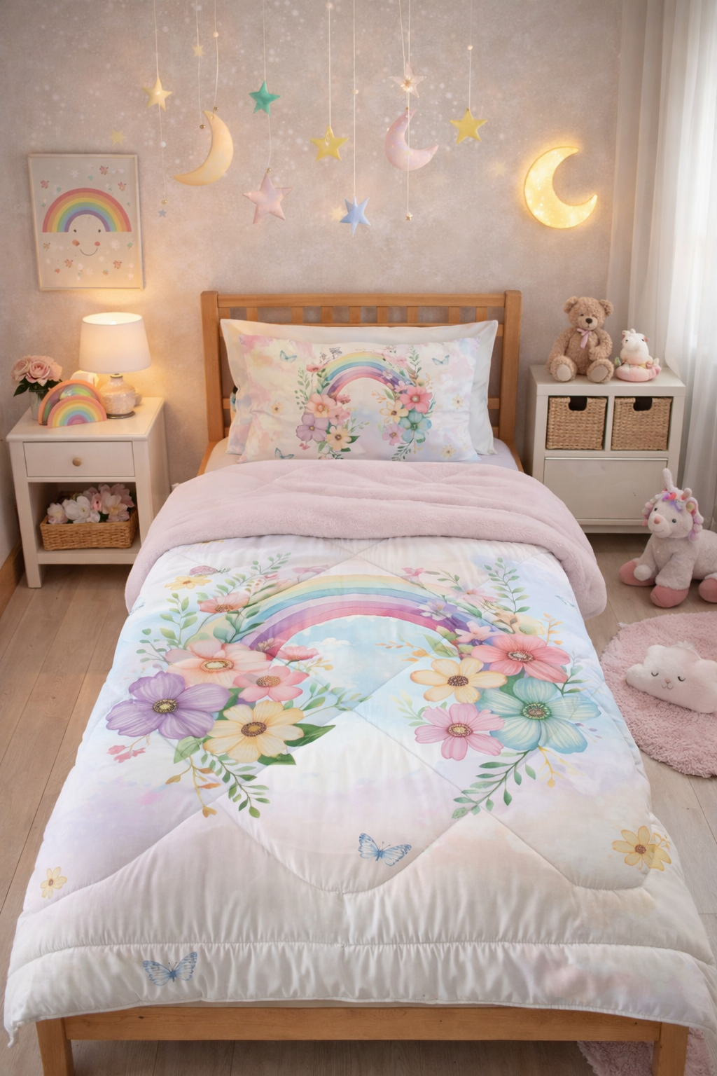 Evmila Çiçekli Gökkuşağı Desenli Peluş Uyku Seti (Pembe Peluş)