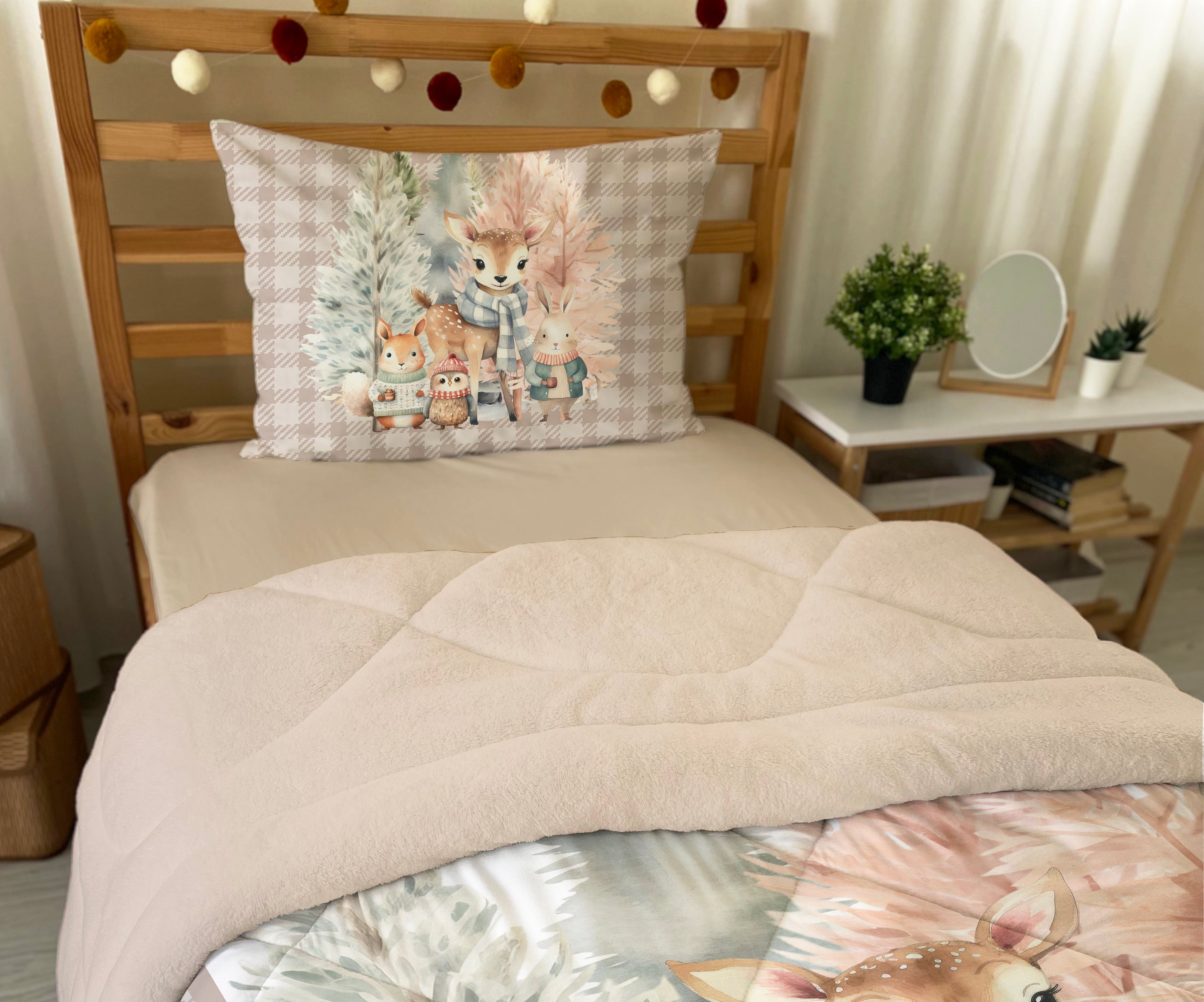 Evmila Sevimli Hayvanlar Desenli Peluş Uyku Seti (Bej Peluş)