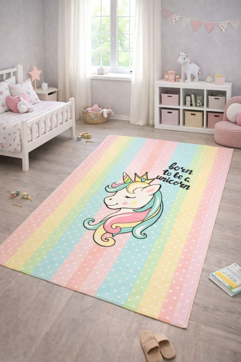 Evmila Renkli Puantiyeler Unicorn Desenli Çocuk Halısı