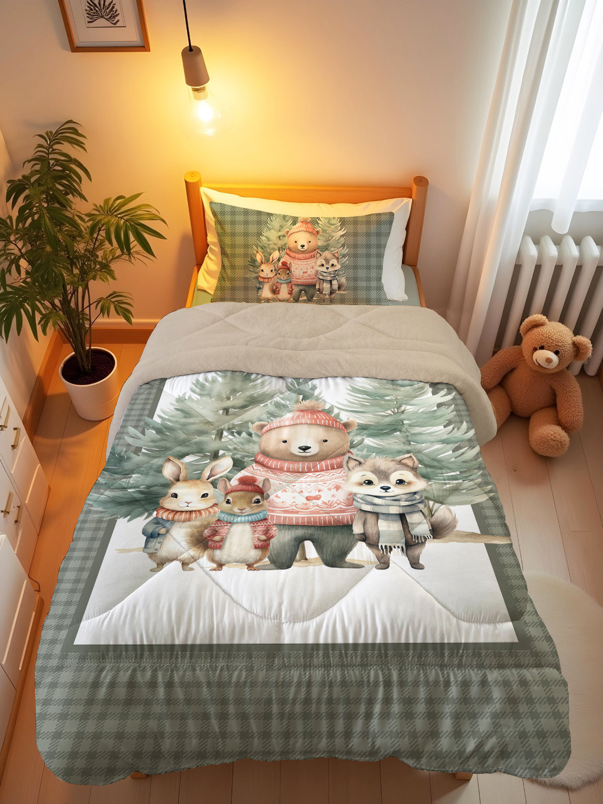 Evmila Sevimli Hayvanlar Desenli Peluş Uyku Seti (Bej Peluş)