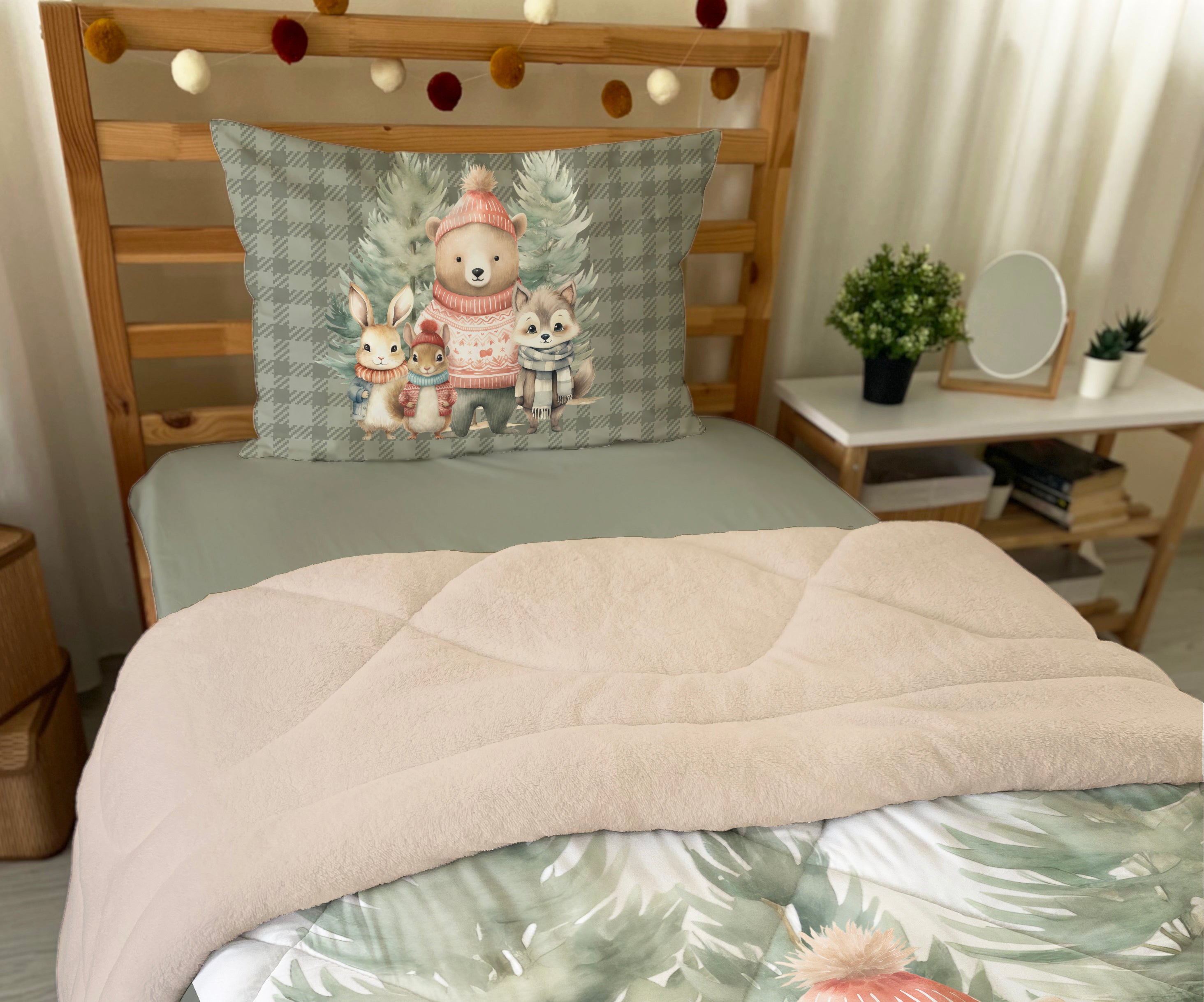 Evmila Sevimli Hayvanlar Desenli Peluş Uyku Seti (Bej Peluş)