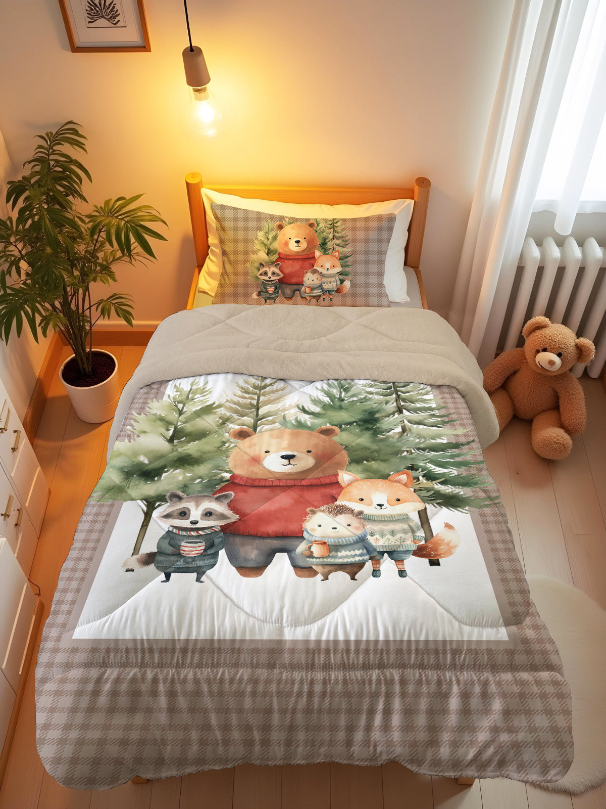 Evmila Sevimli Hayvanlar Desenli Peluş Uyku Seti (Bej Peluş)