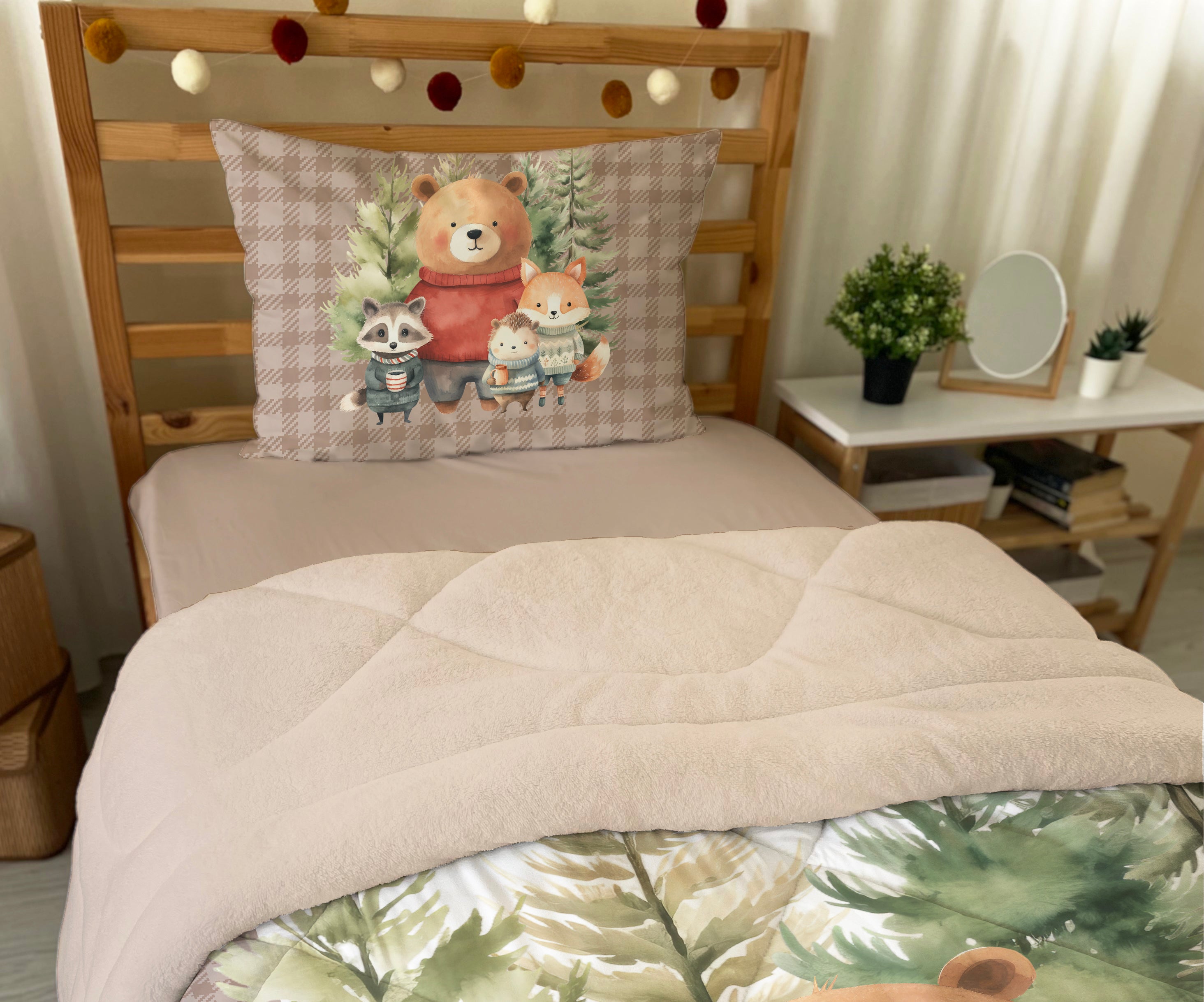 Evmila Sevimli Hayvanlar Desenli Peluş Uyku Seti (Bej Peluş)