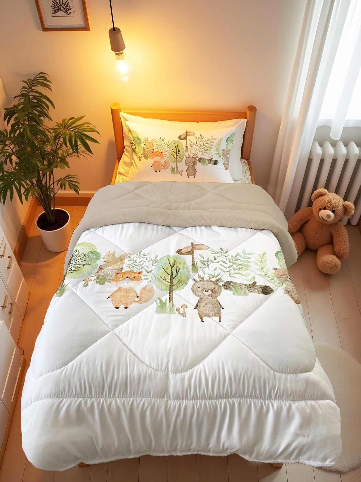 Evmila Sevimli Hayvanlar Desenli Peluş Uyku Seti (Bej Peluş)