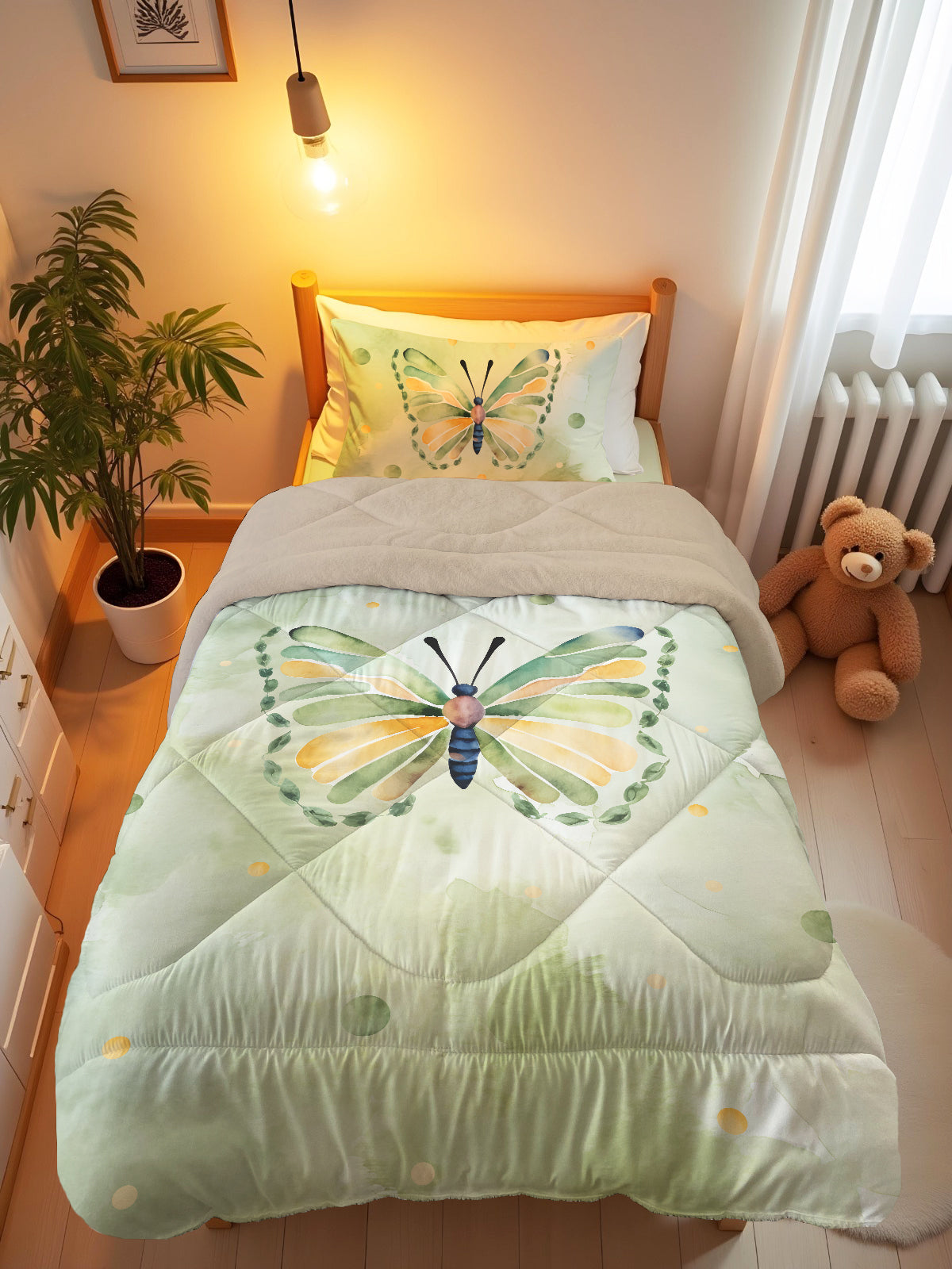 Evmila Kelebek Desenli Peluş Uyku Seti (Bej Peluş)