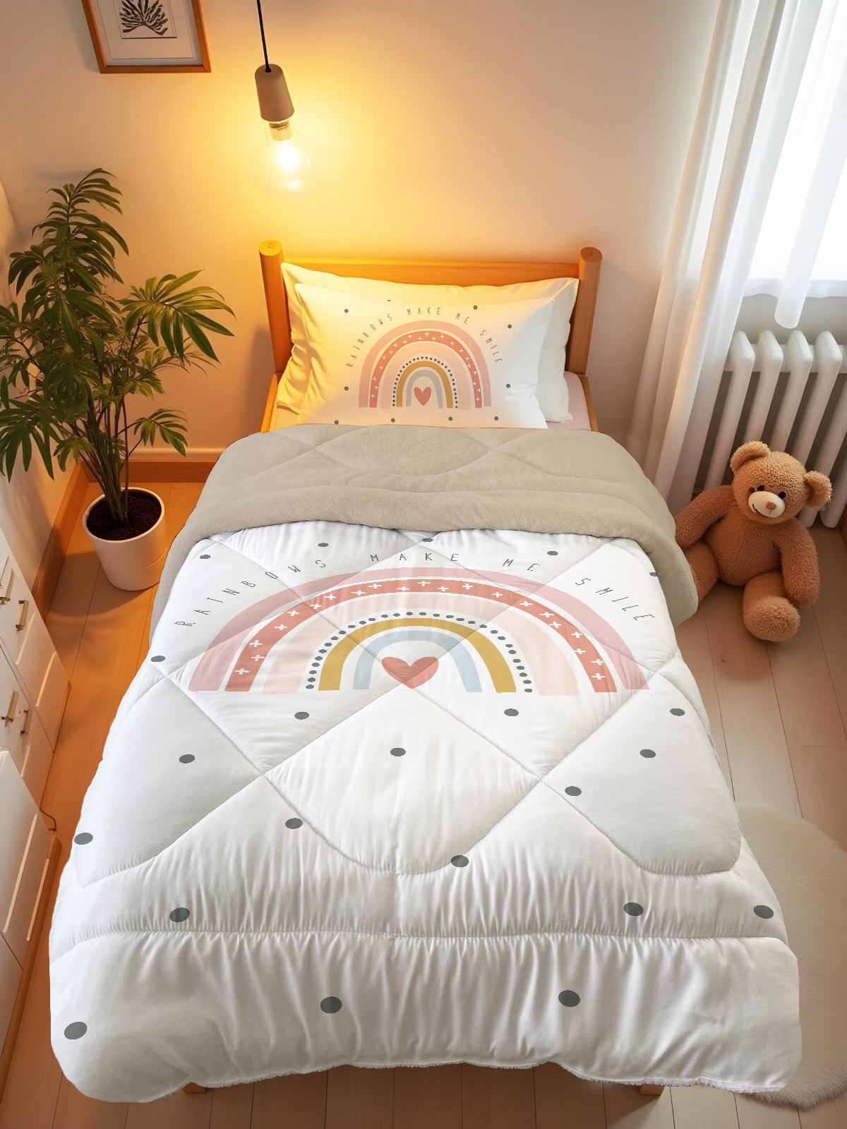 Evmila Rainbow Patterned Plush Sleeping Set (Beige Plush
