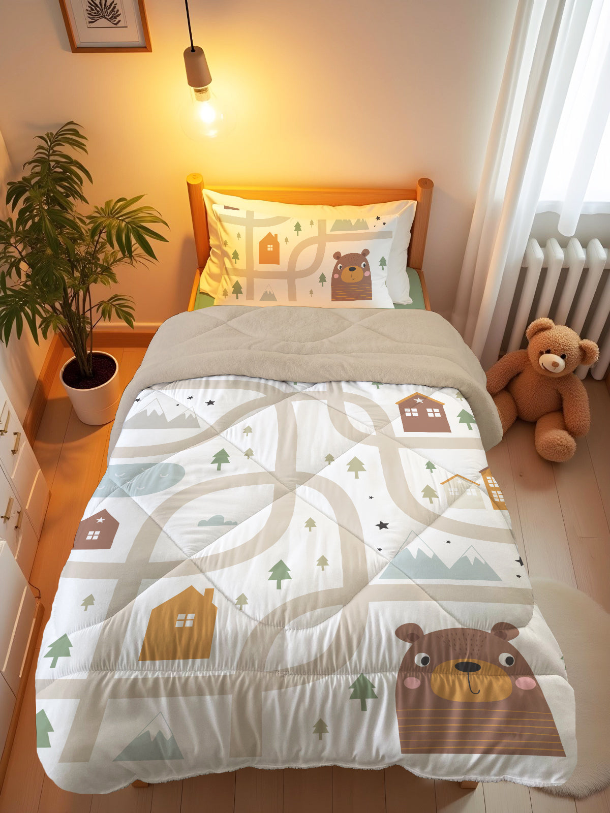 Evmila Kasaba Desenli Peluş Uyku Seti (Bej Peluş)