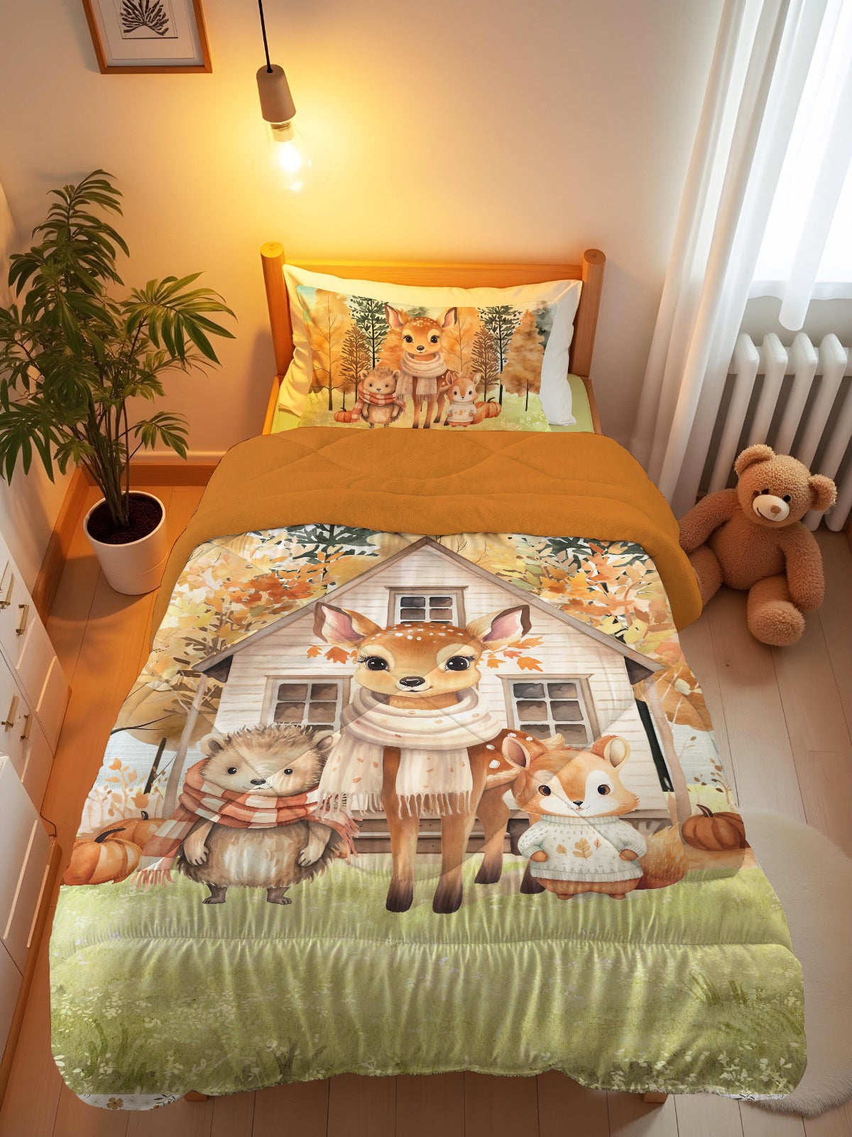 Evmila Sevimli Hayvanlar Desenli Peluş Uyku Seti (Tarçın Peluş)