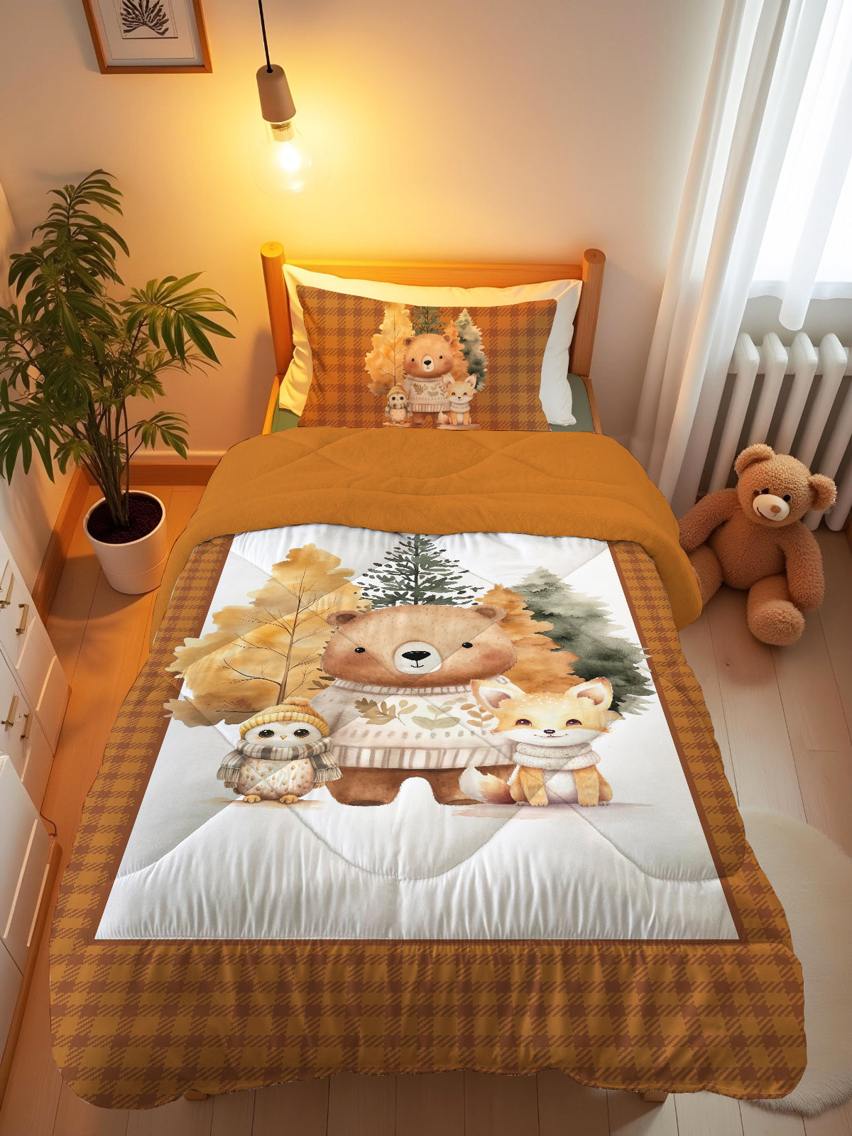 Evmila Sevimli Hayvanlar Desenli Peluş Uyku Seti (Tarçın Peluş)