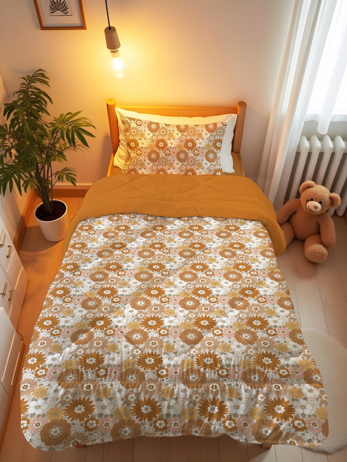 Evmila Çiçekler Desenli Peluş Uyku Seti (Tarçın Peluş)