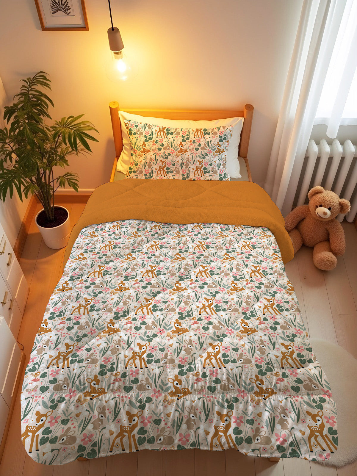 Evmila Minik Geyikler Desenli Peluş Uyku Seti (Tarçın Peluş)