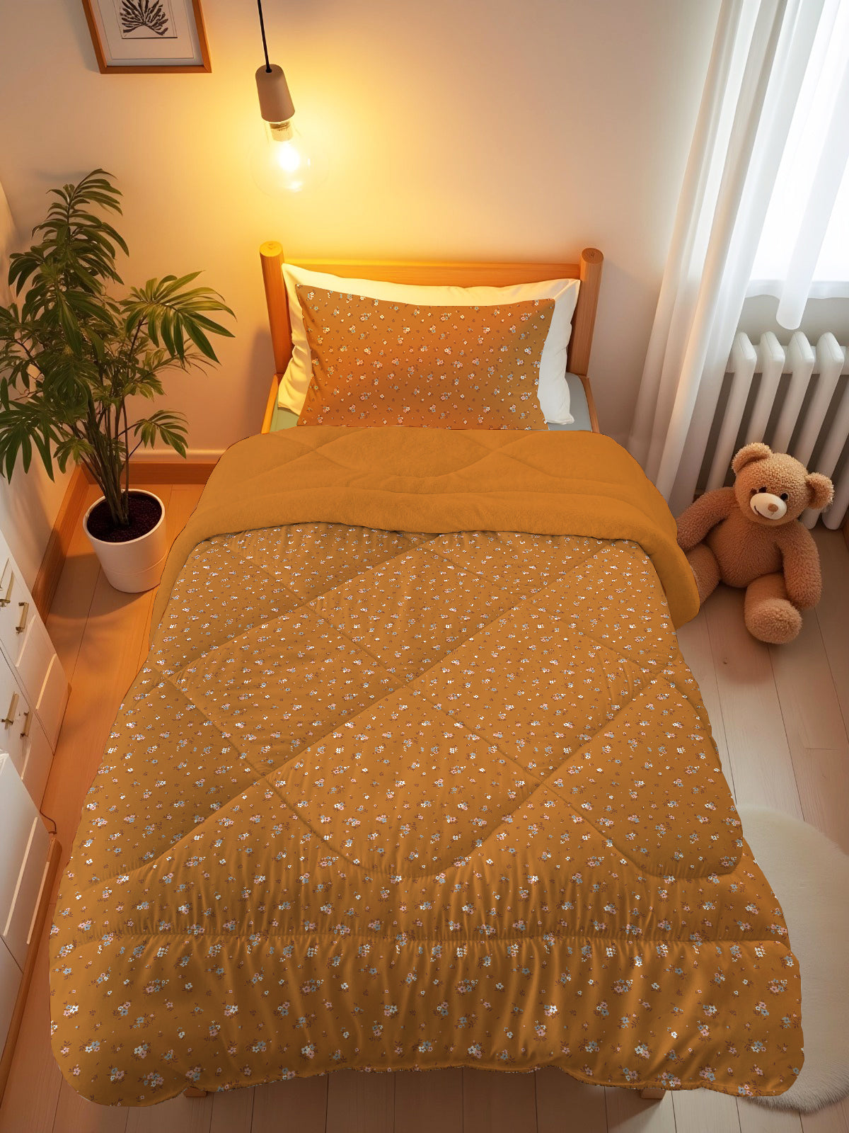Evmila Minik Çiçekler Desenli Peluş Uyku Seti (Tarçın Peluş)