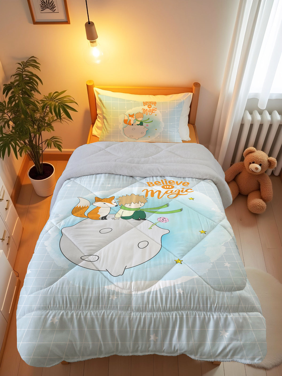 Evmila Minik Prens Desenli Peluş Uyku Seti (Gri Peluş)