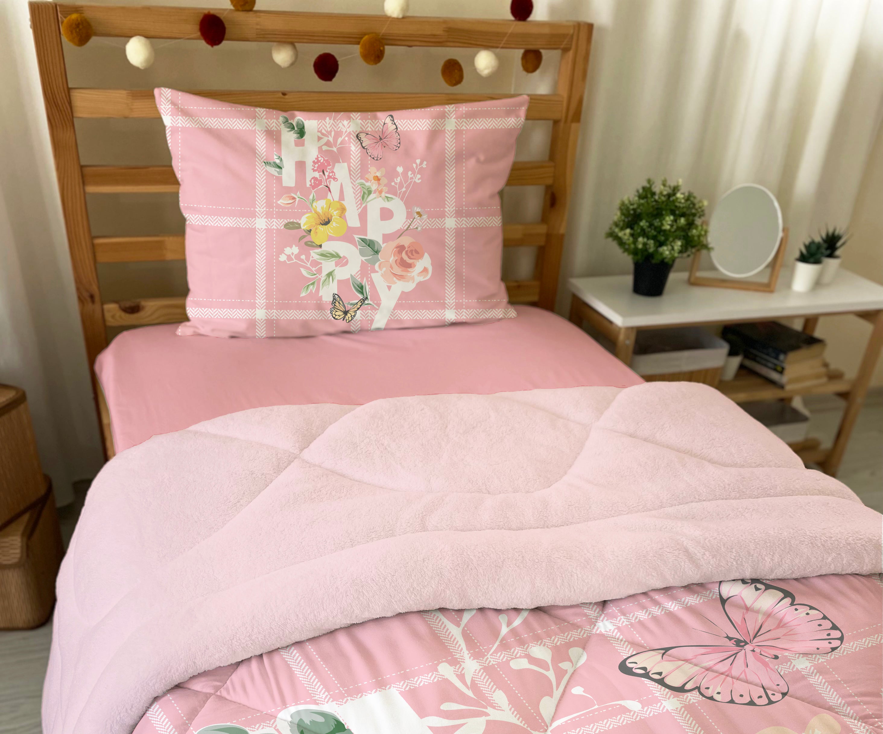 Evmila Happy Yazı Desenli Peluş Uyku Seti (Pembe Peluş)