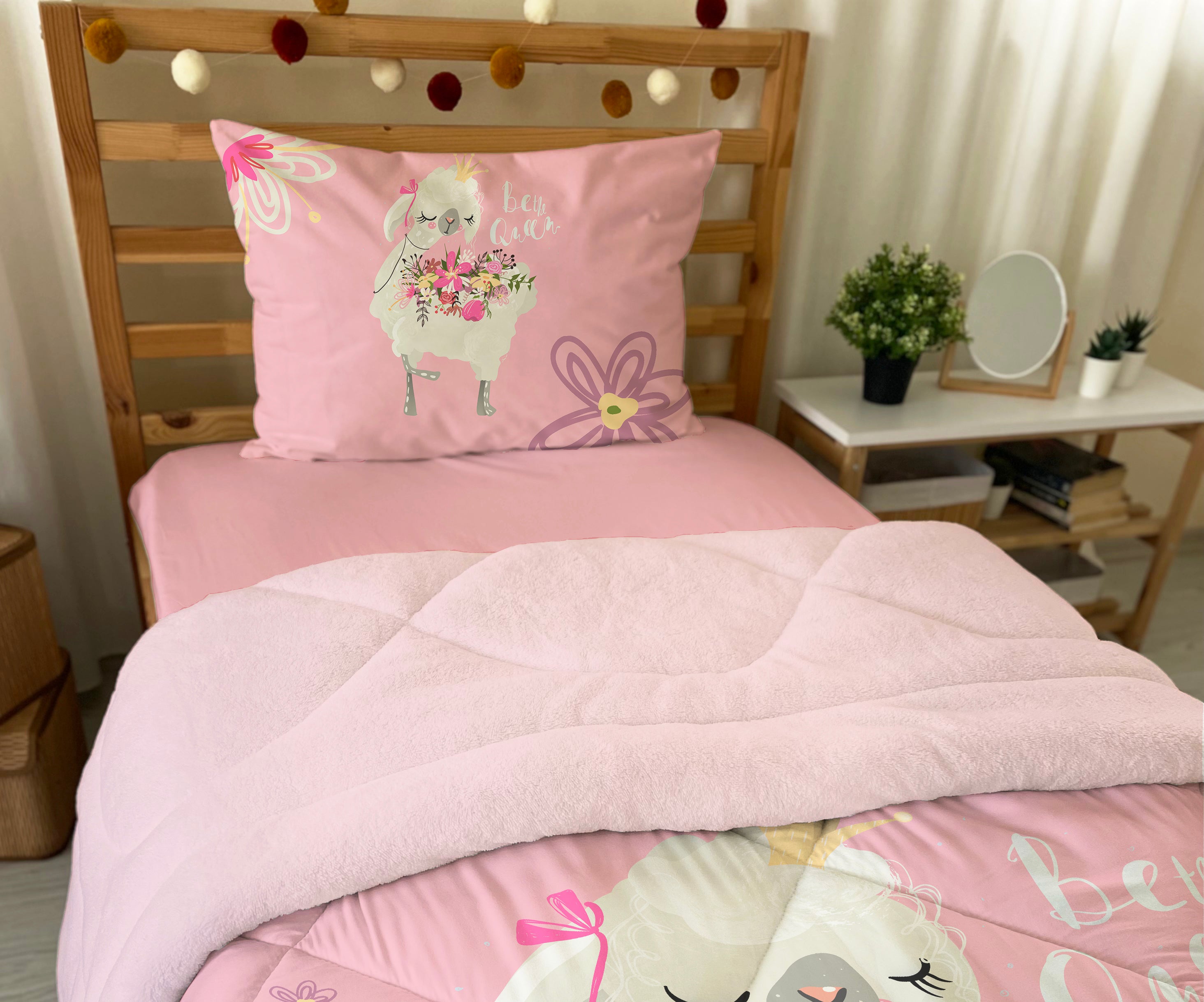 Evmila Lama Desenli Peluş Uyku Seti (Pembe Peluş)