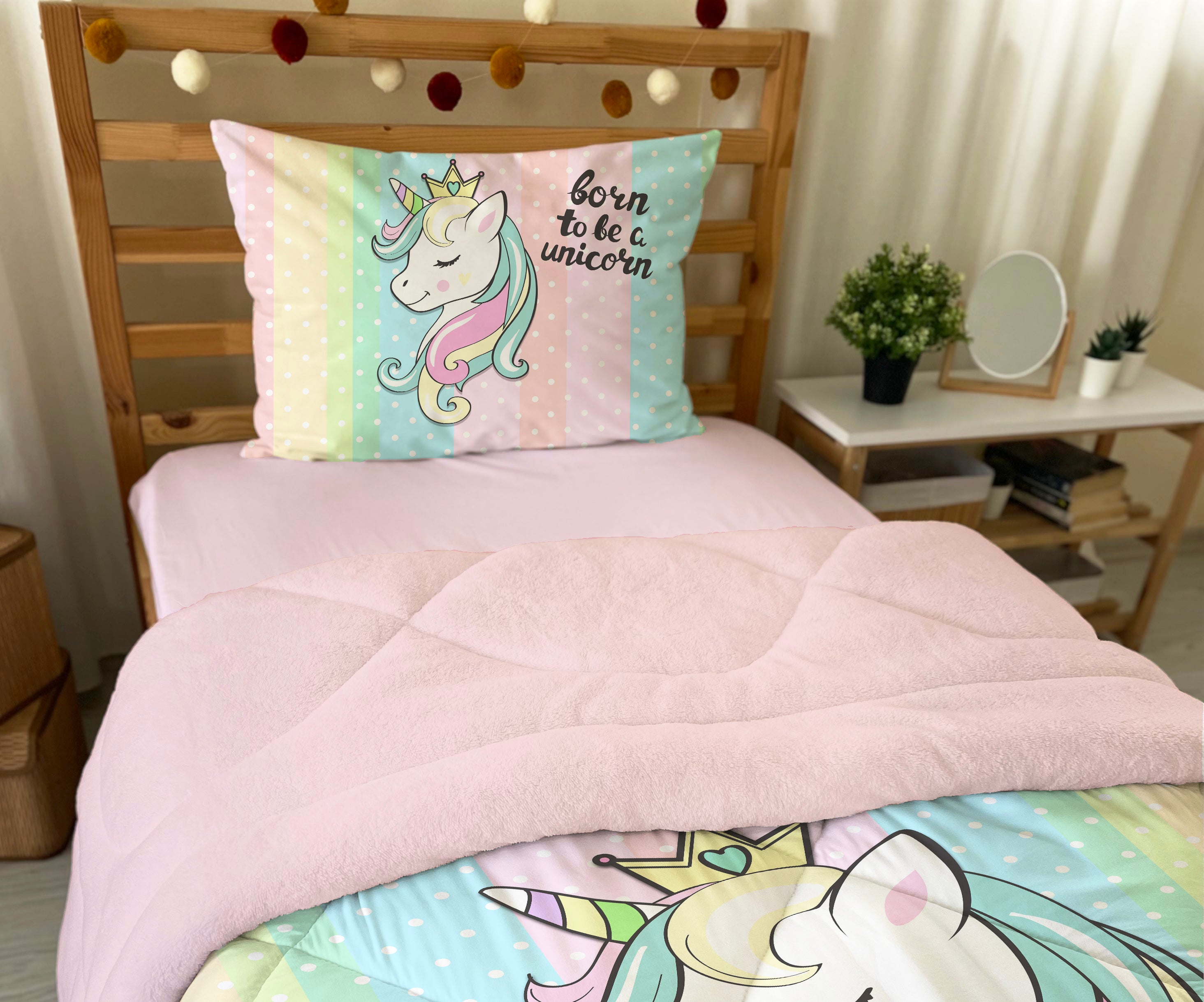 Evmila Unicorn Desenli Peluş Uyku Seti (Pembe Peluş)