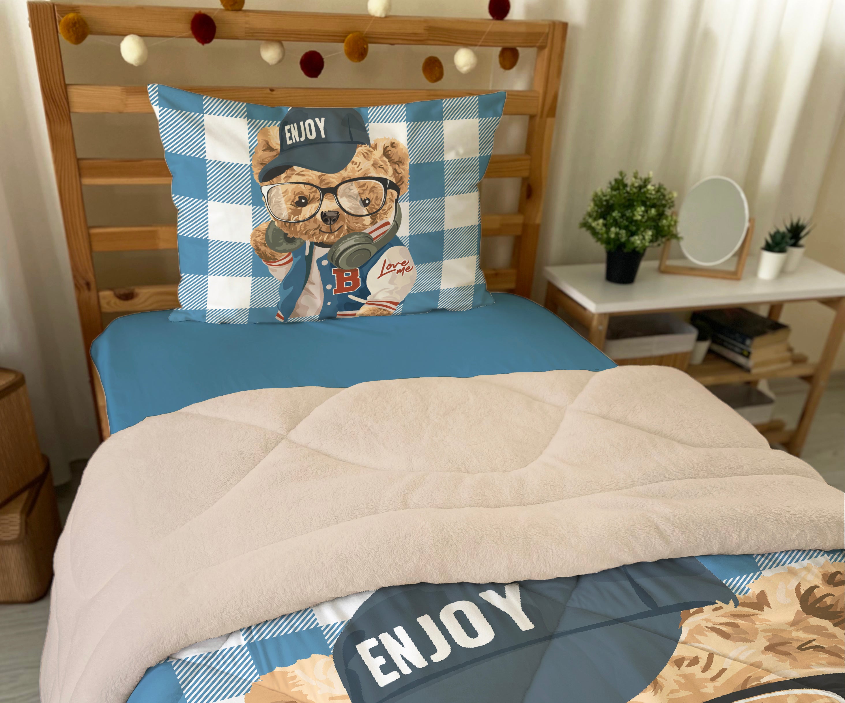 Evmila Ayıcık Desenli Peluş Uyku Seti (Bej Peluş)