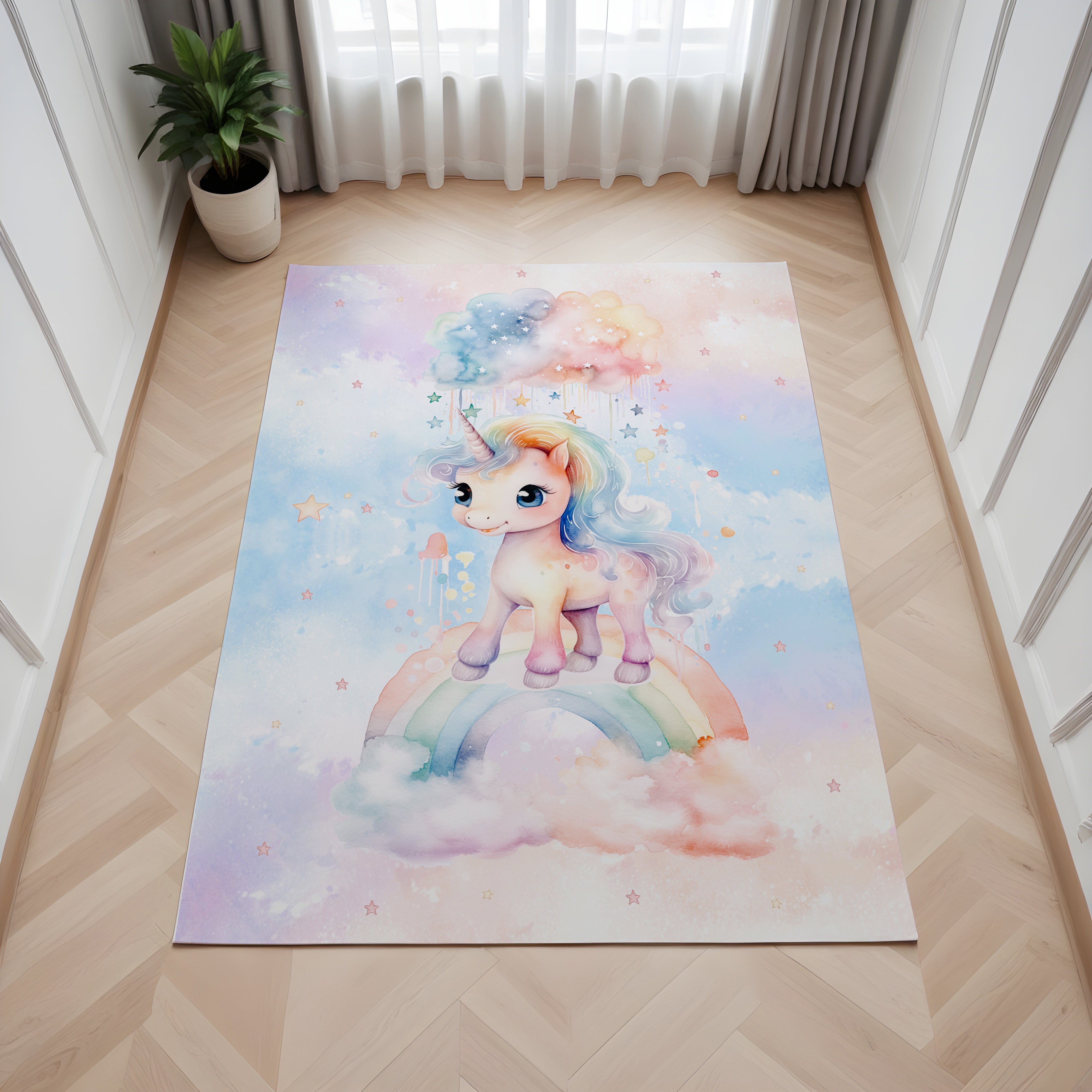 Evmila Gökkuşağı Üzerinde Unicorn Desenli Çocuk Halısı