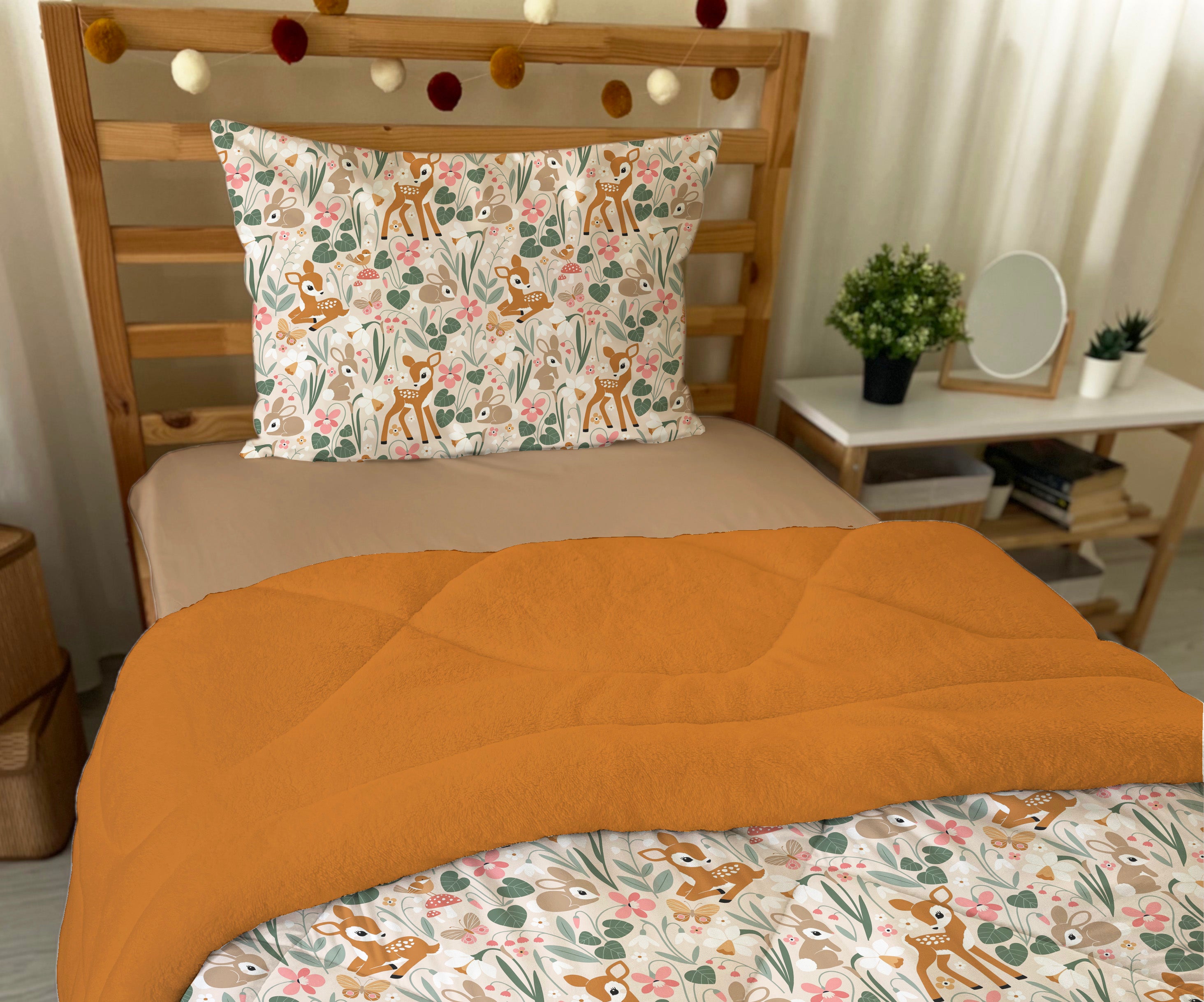 Evmila Minik Geyikler Desenli Peluş Uyku Seti (Tarçın Peluş)