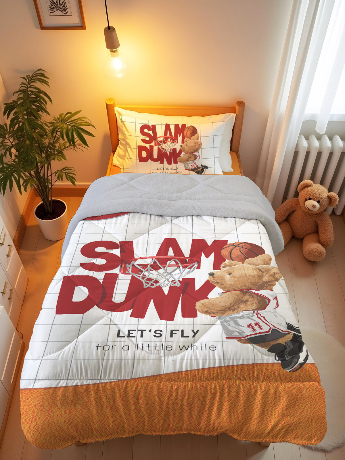 Evmila Teddy Bear Patterned Plush Sleeping Set (Gray Plush)