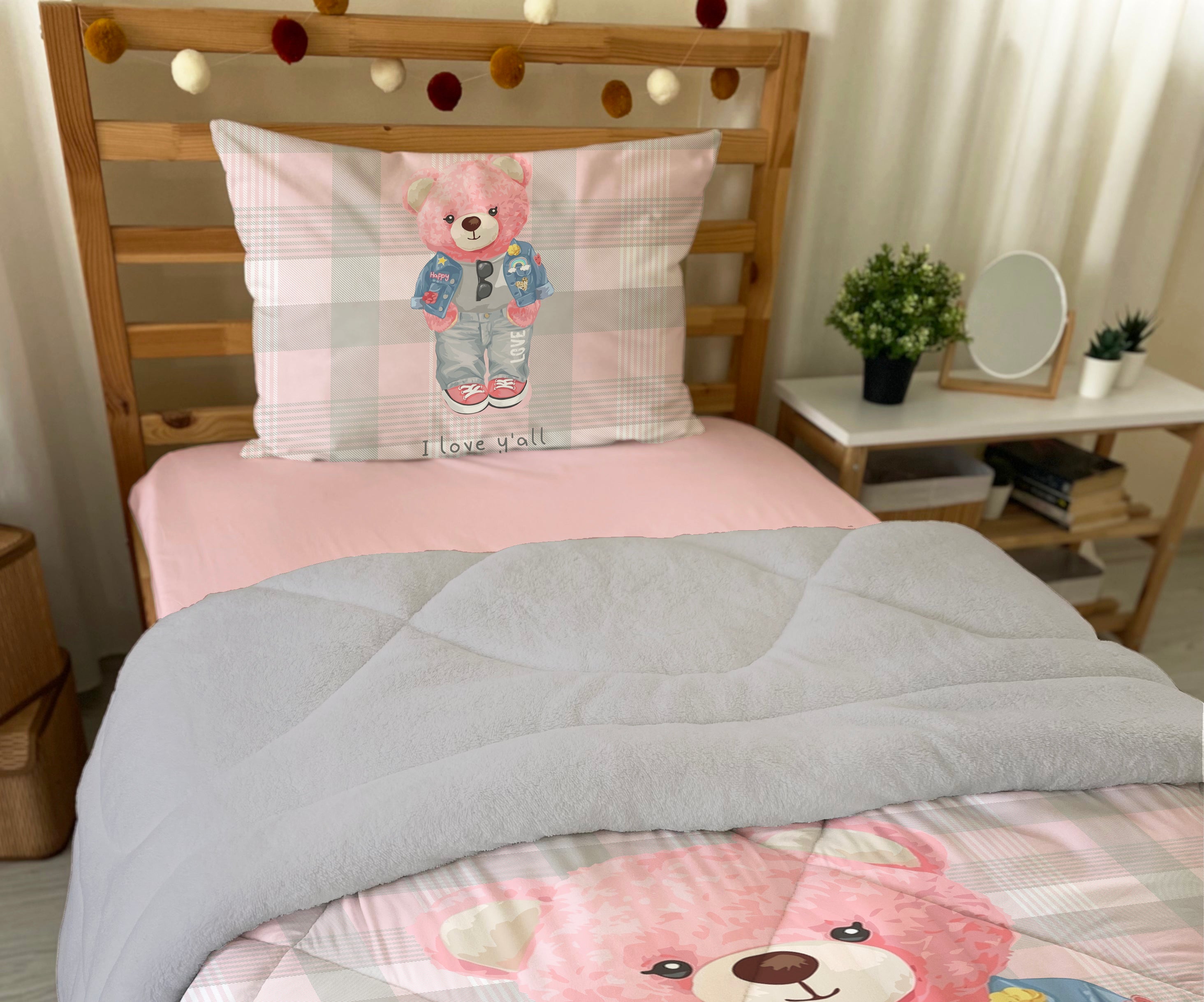 Evmila Ayıcık Desenli Peluş Uyku Seti (Gri Peluş)