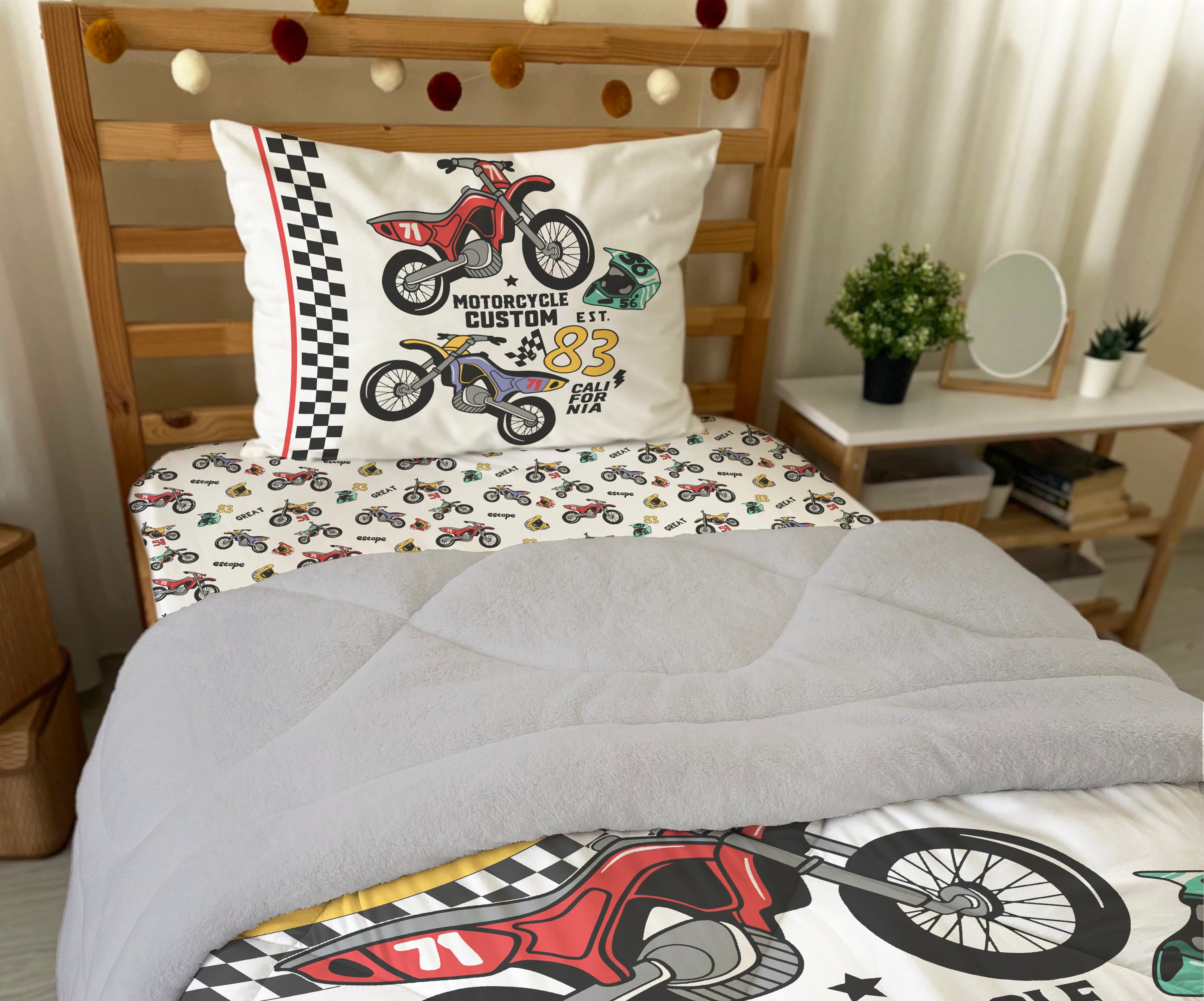 Evmila Yarış Motor Desenli Peluş Uyku Seti (Gri Peluş)