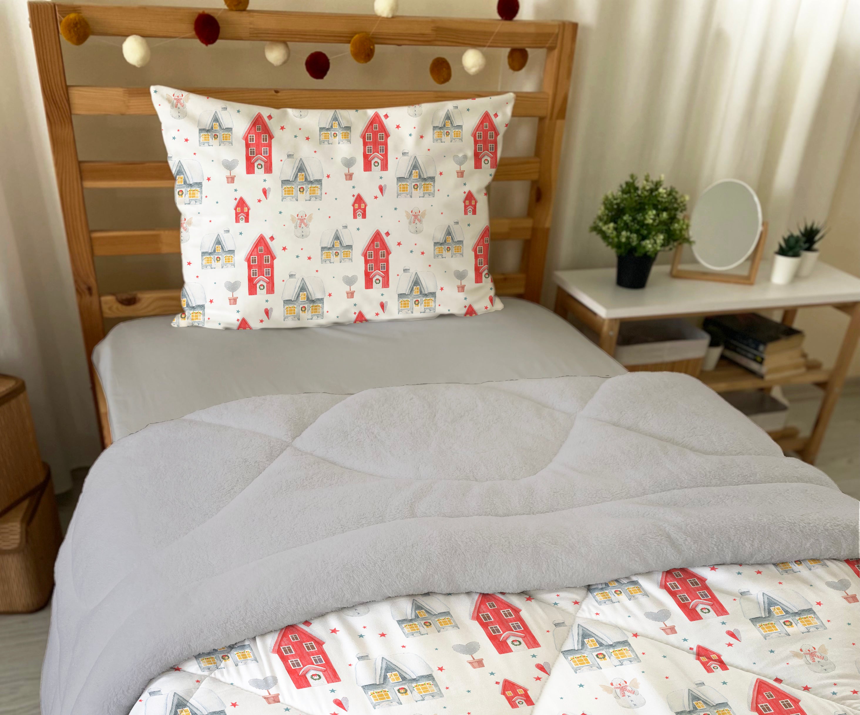 Evmila Yılbaşı Desenli Peluş Uyku Seti (Gri Peluş)