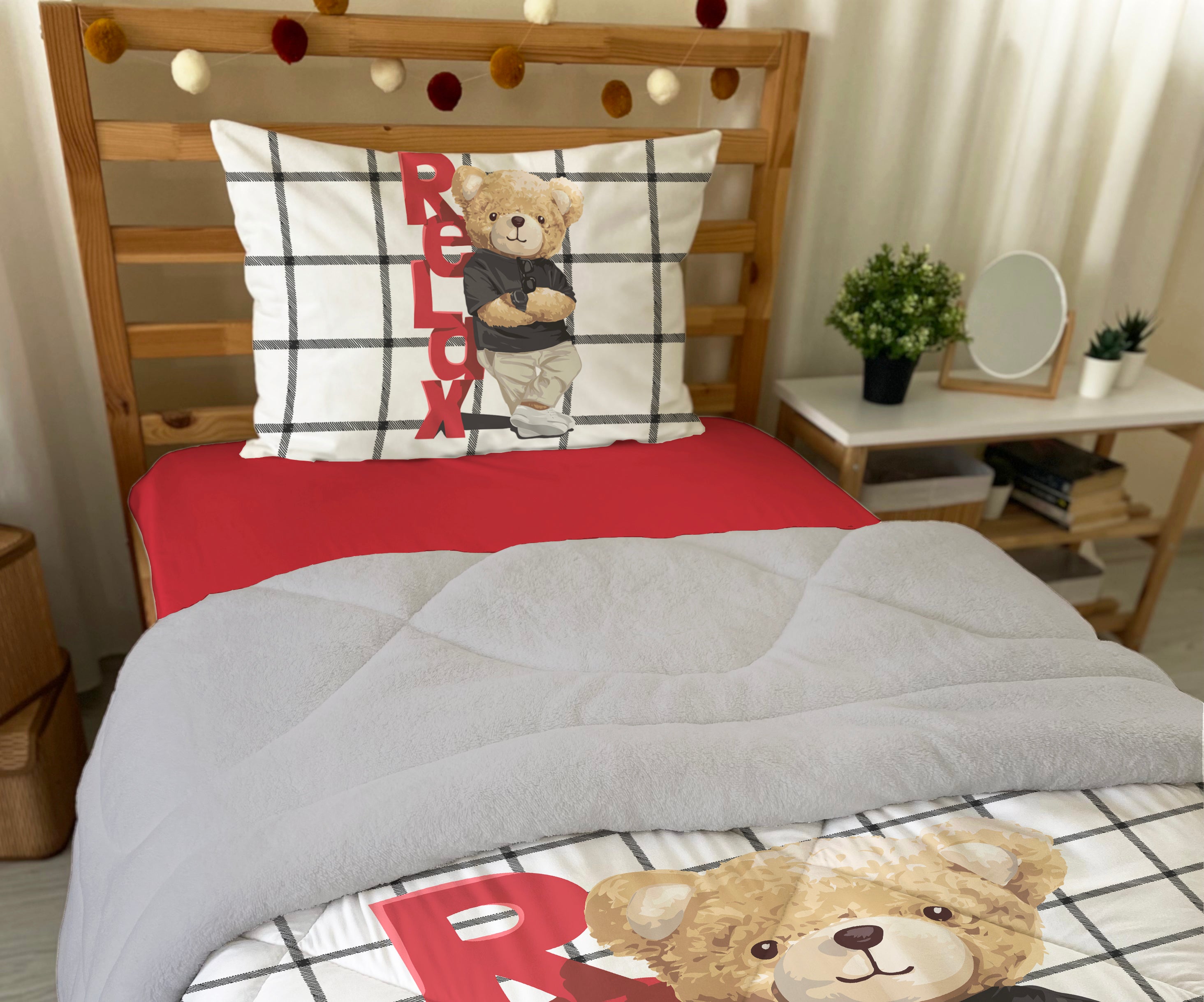 Evmila Ayıcık Desenli Peluş Uyku Seti (Gri Peluş)