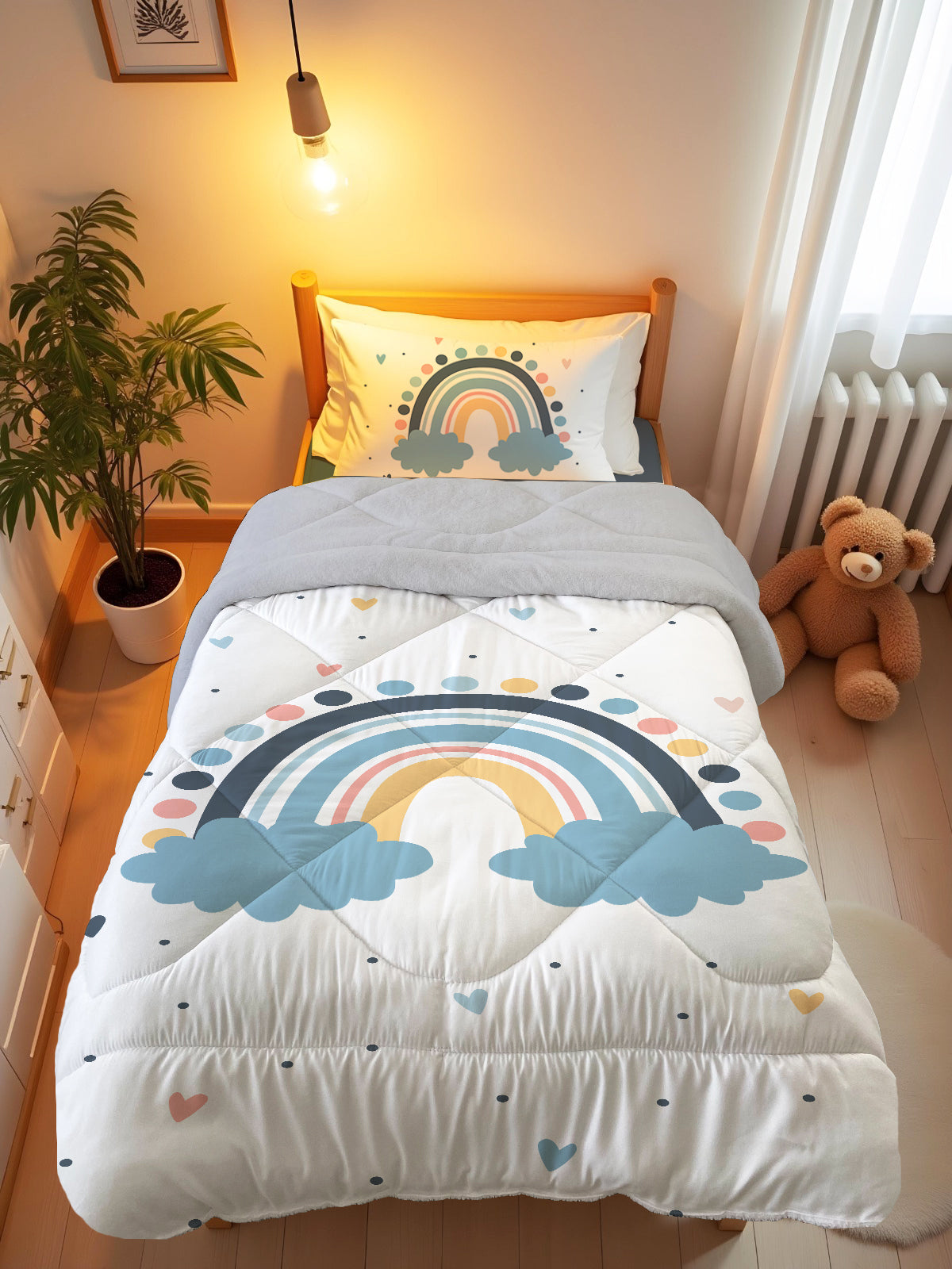 Evmila Gökkuşağı Desenli Peluş Uyku Seti (Gri Peluş )