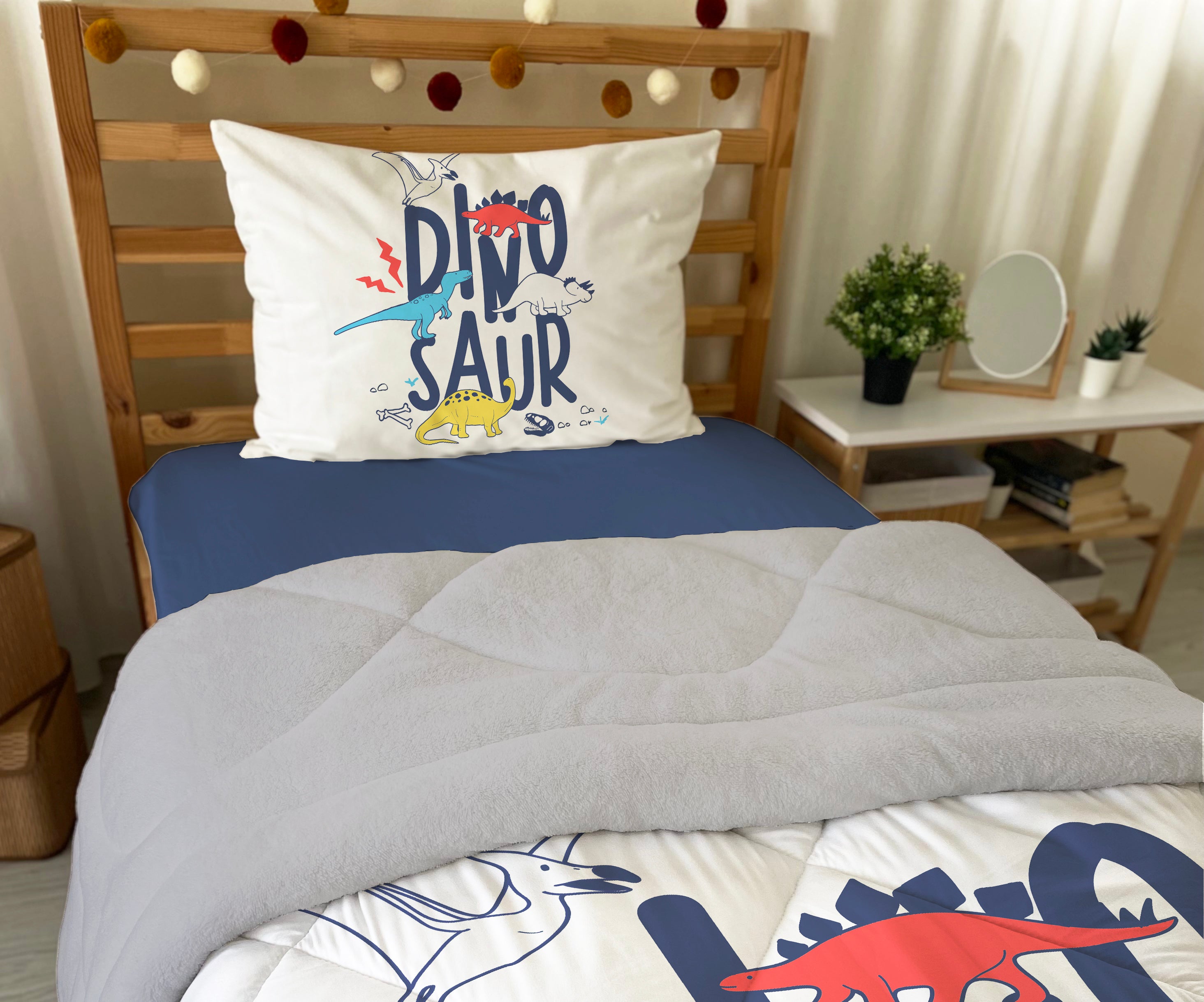 Evmila Dinozor Desenli Peluş Uyku Seti (Gri Peluş)