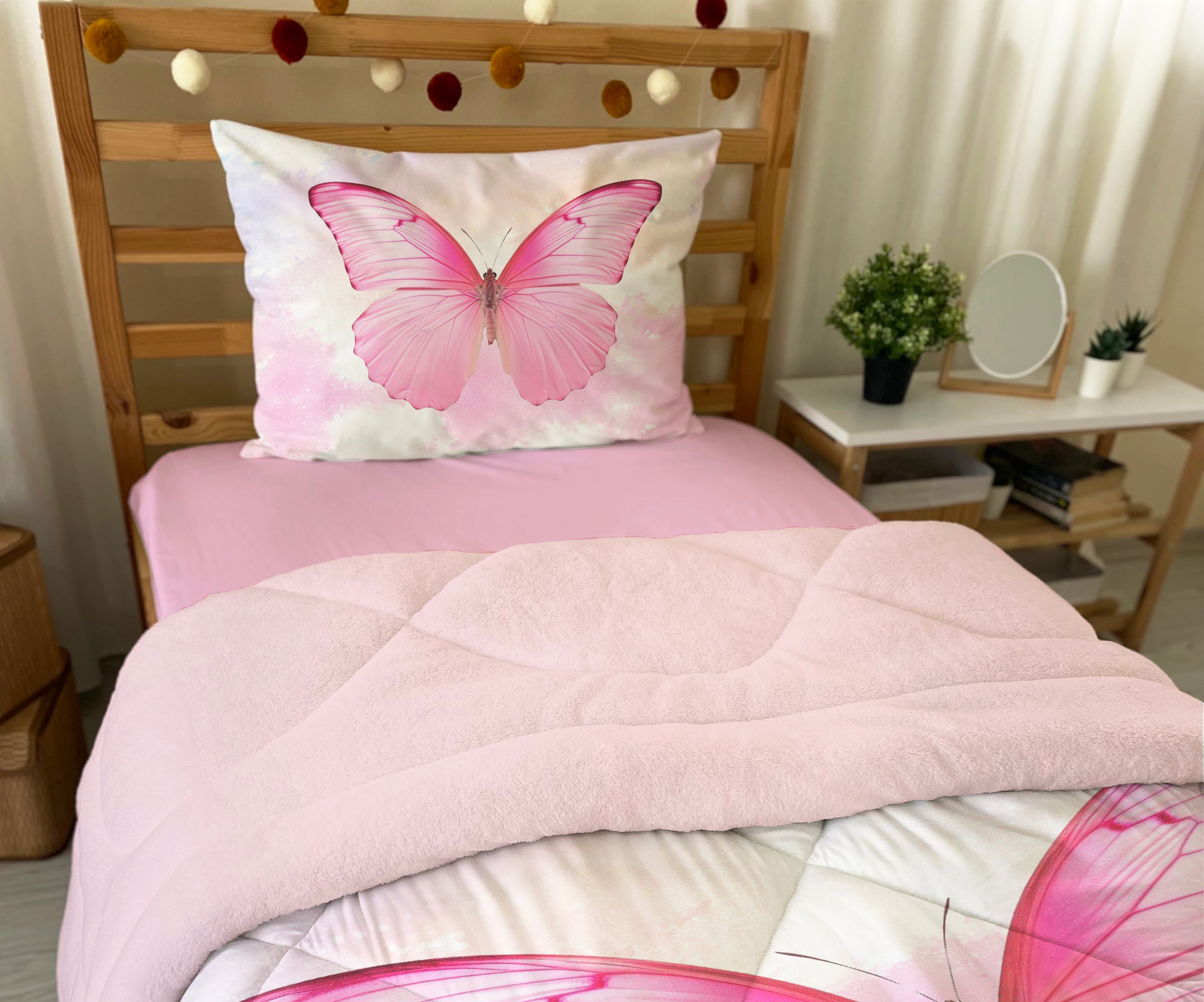 Evmila Kelebek Desenli Peluş Uyku Seti (Pembe Peluş)