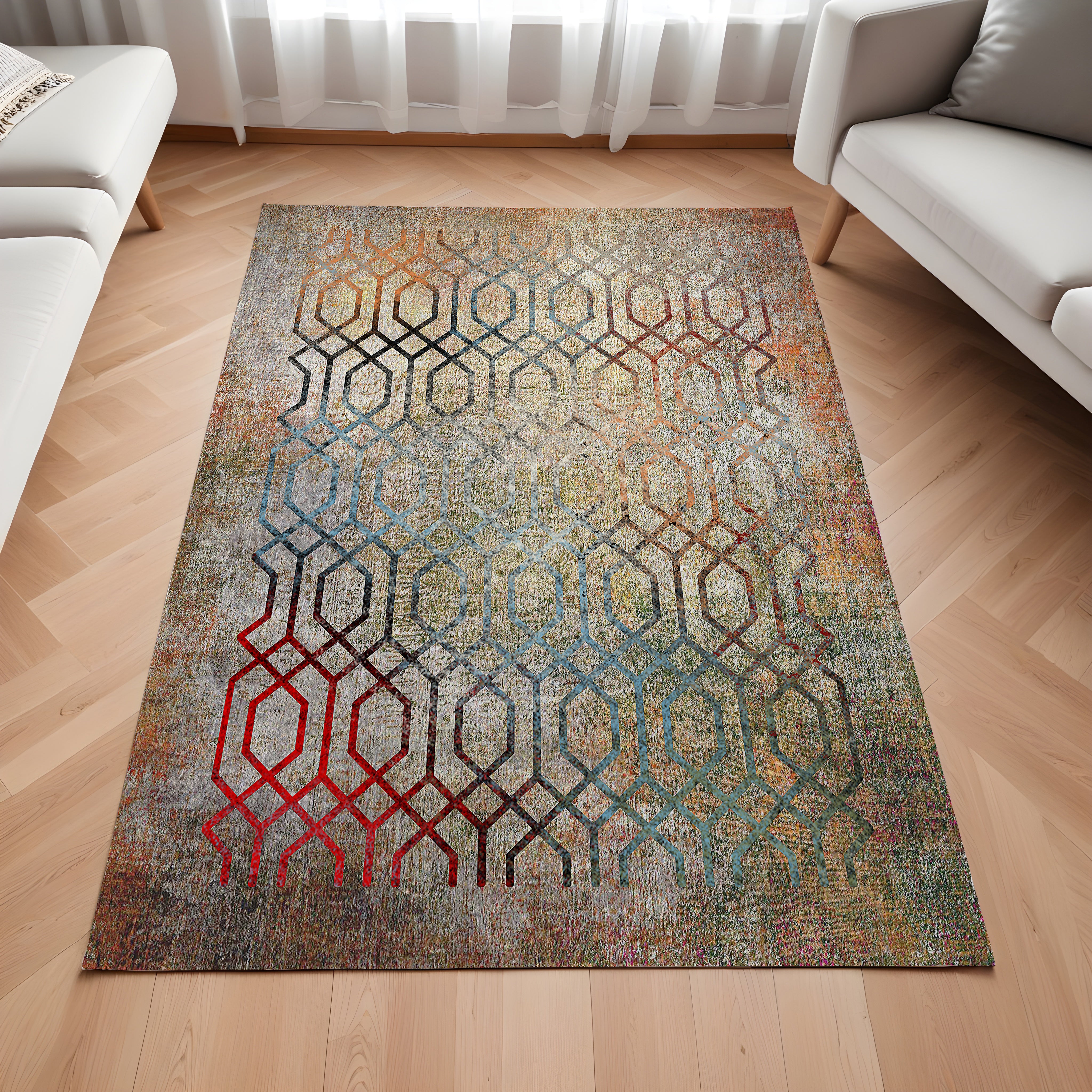 Evmila Renkli Geometrik Desenli Modern Halı