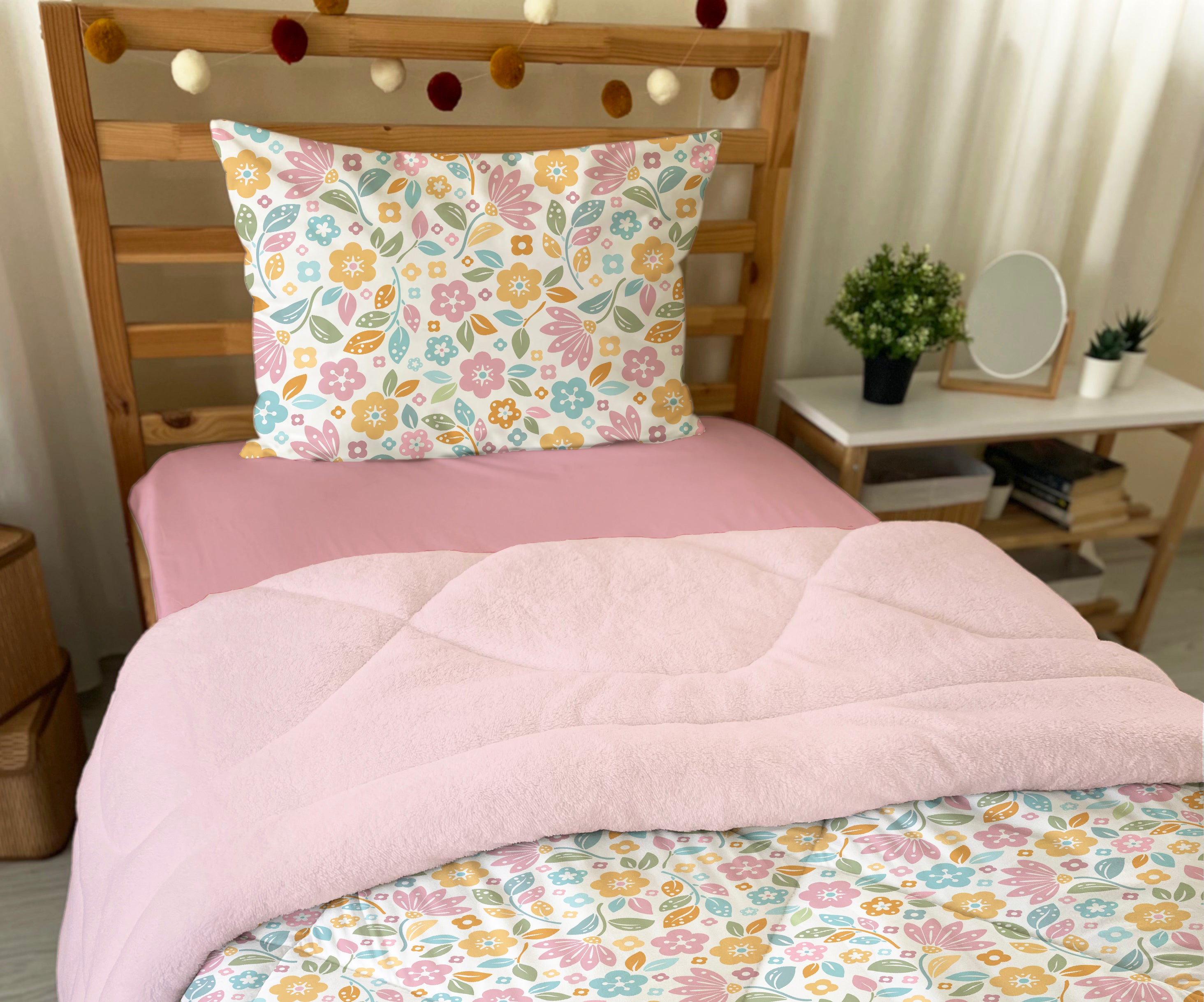 Evmila Minik Çiçekler Desenli Peluş Uyku Seti (Pembe Peluş)