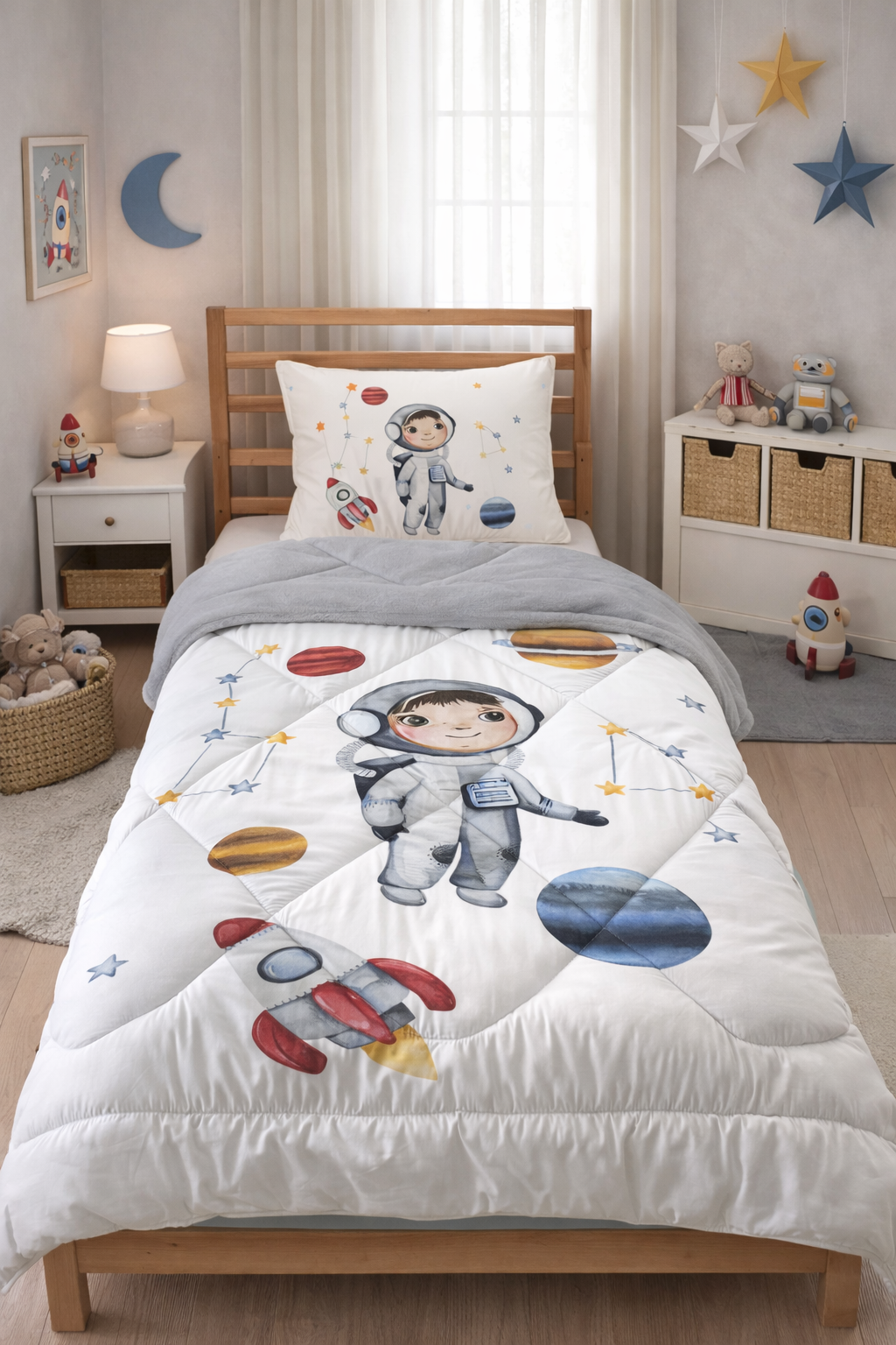 Evmila Astronot Desenli Peluş Uyku Seti (Gri Peluş)