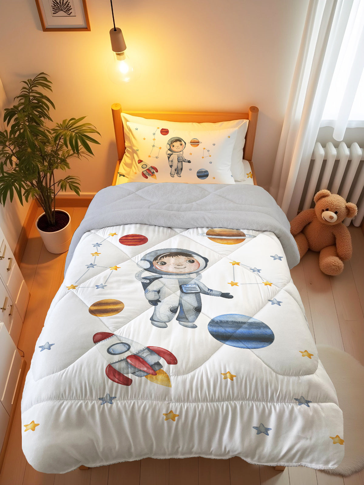 Evmila Astronot Desenli Peluş Uyku Seti (Gri Peluş)