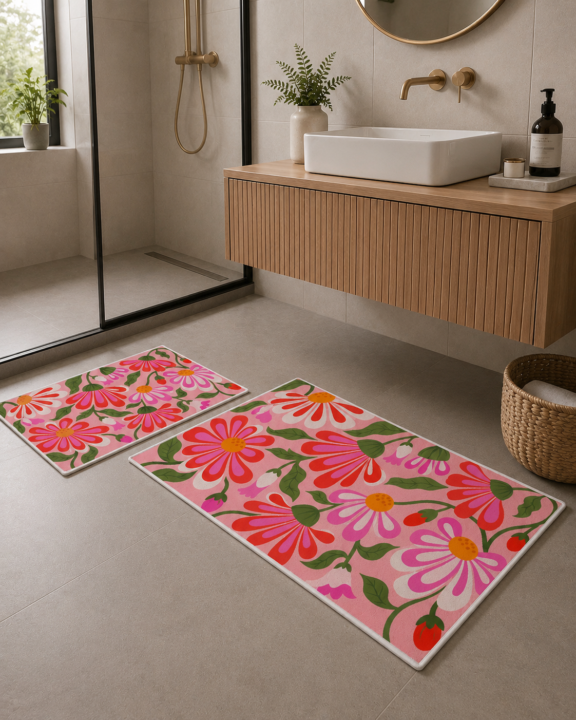 Evmila Renkli Çiçekler Desenli Banyo Seti