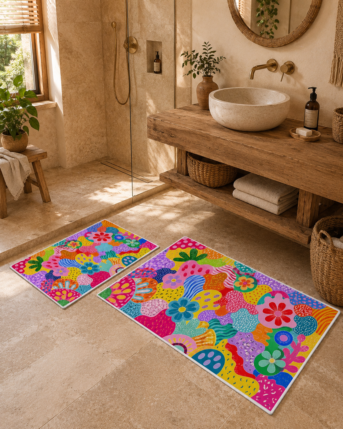 Evmila Renkli Çiçekler Desenli Banyo Seti