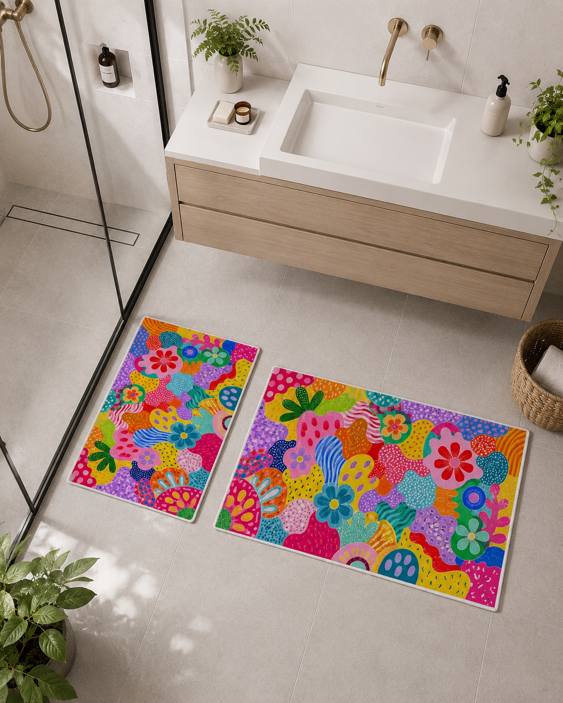 Evmila Renkli Çiçekler Desenli Banyo Seti