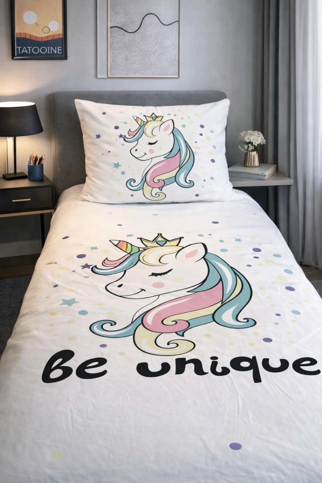 Evmila Sevimli Unicorn Desenli Dekoratif Yatak Örtüsü