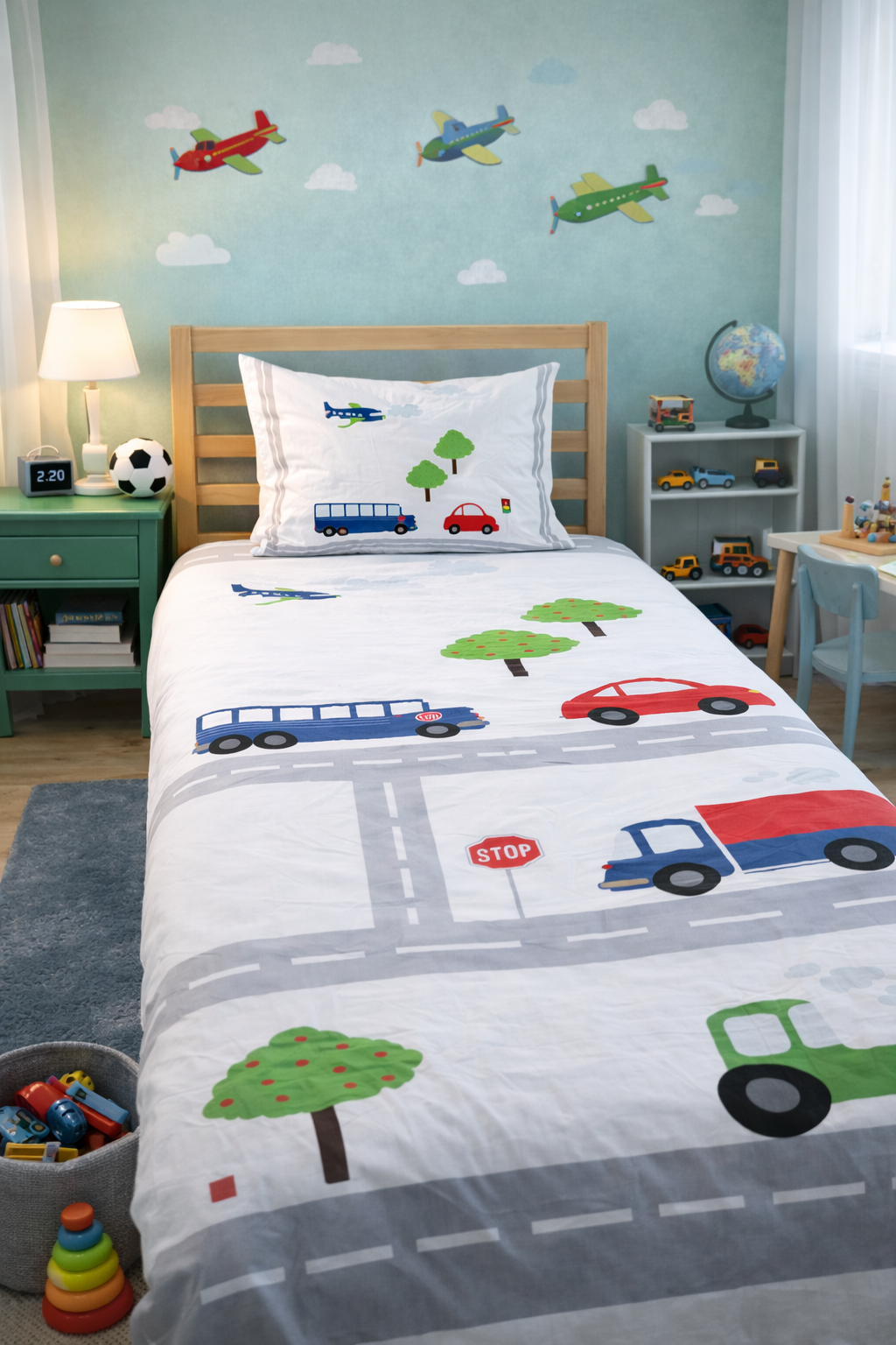 Evmila Arabalar ve Yol Desenli Dekoratif Yatak Örtüsü