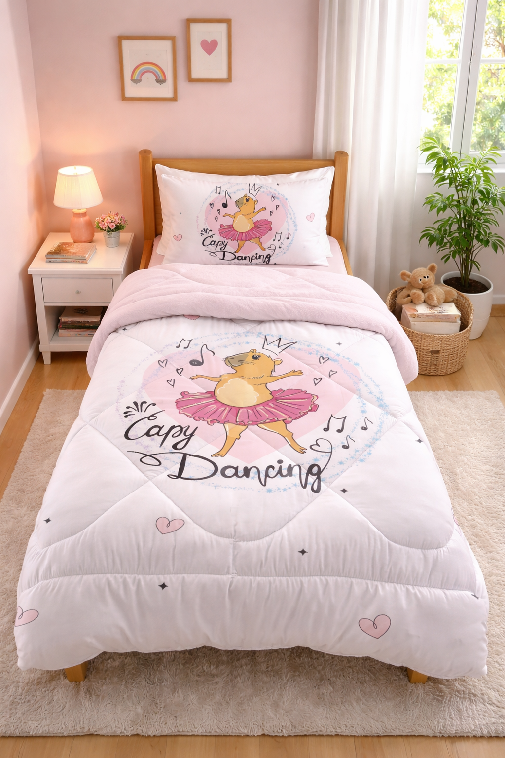 Evmila Capybara Desenli Peluş Uyku Seti (Pembe Peluş)