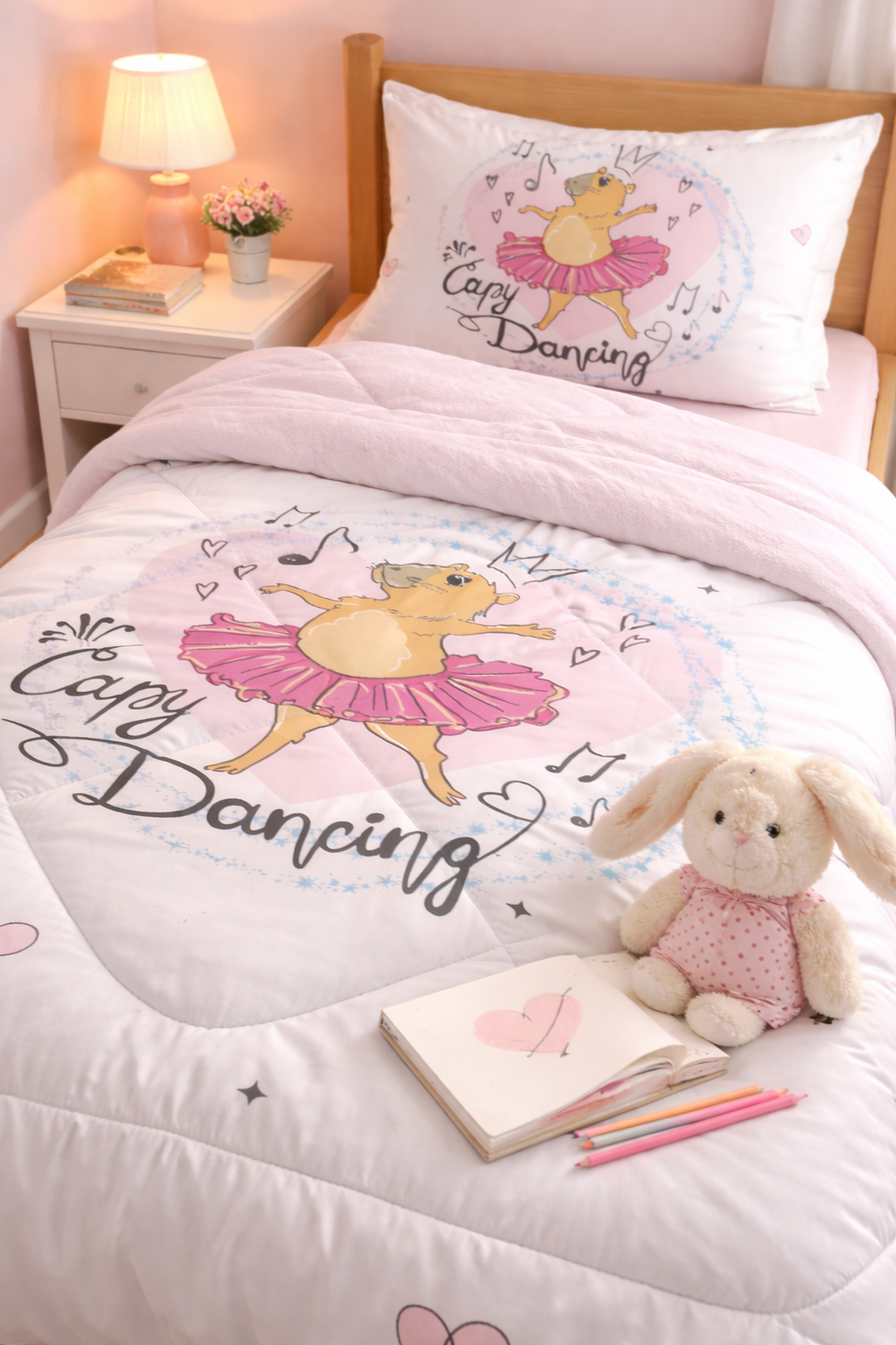 Evmila Capybara Desenli Peluş Uyku Seti (Pembe Peluş)